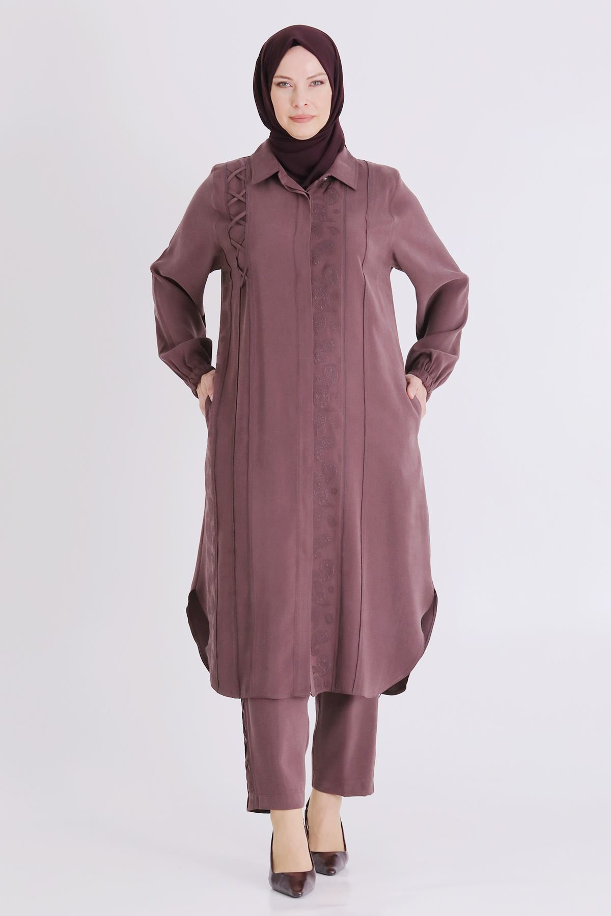 Büyük Beden Tesettür Pantolonlu Takım 35142 Soft Mürdüm
