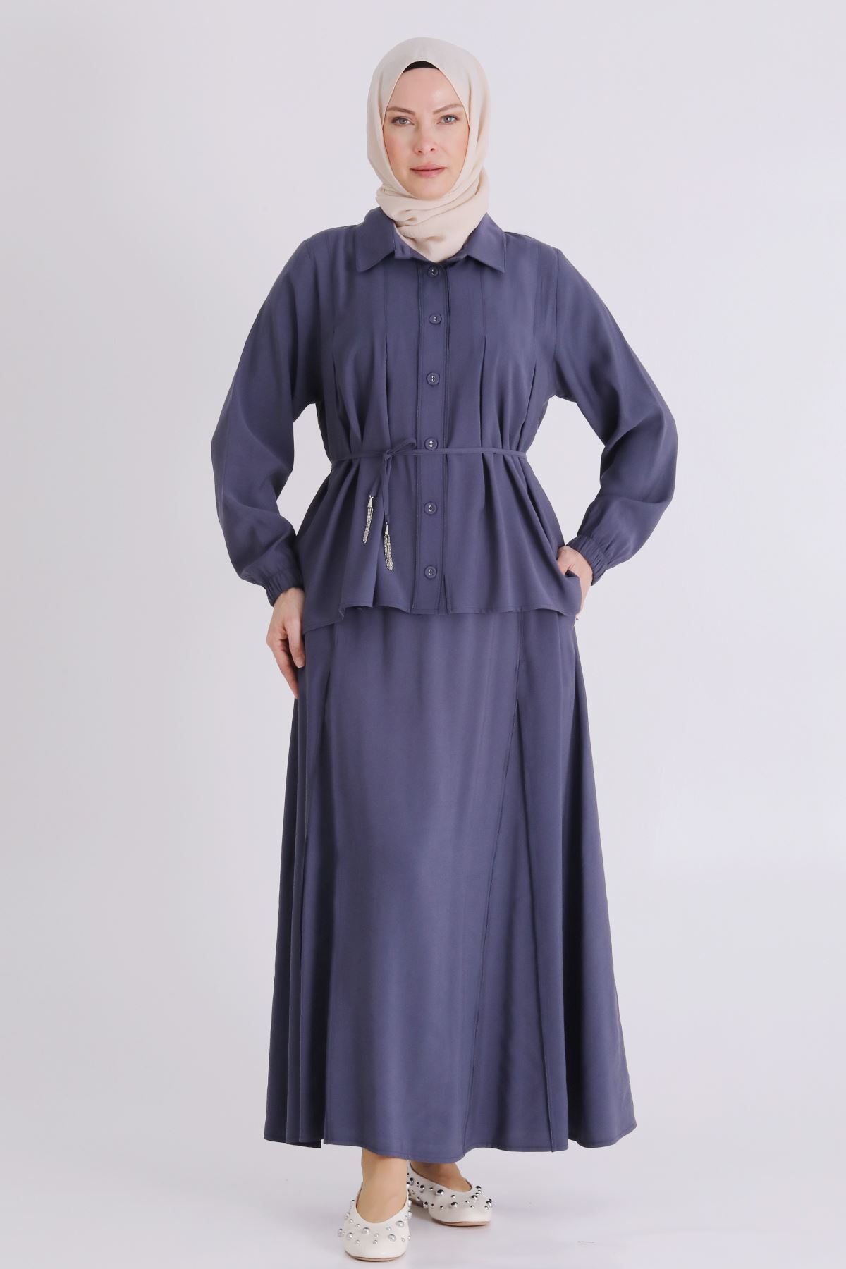 Büyük Beden Tesettür Etekli Takım 3801 Duman Mavi