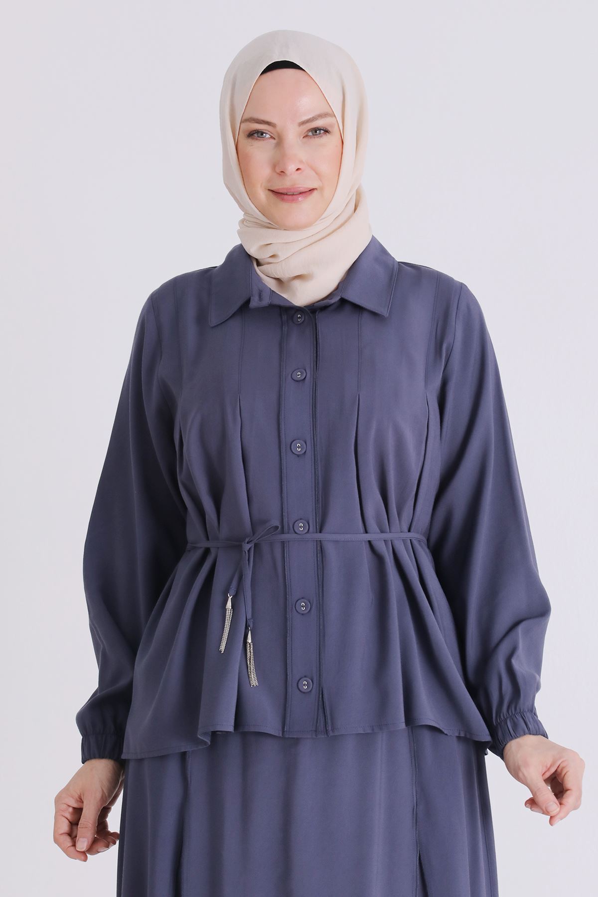 Büyük Beden Tesettür Etekli Takım 3801 Duman Mavi