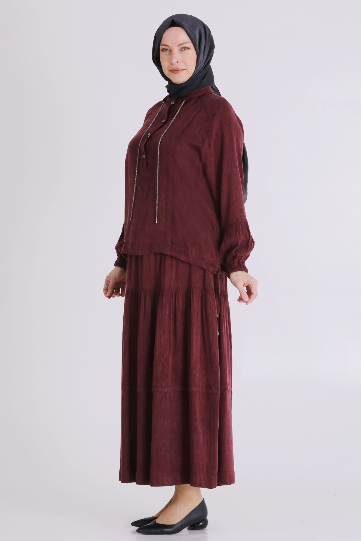 Büyük Beden Tesettür Etekli Takım 38003 Bordo