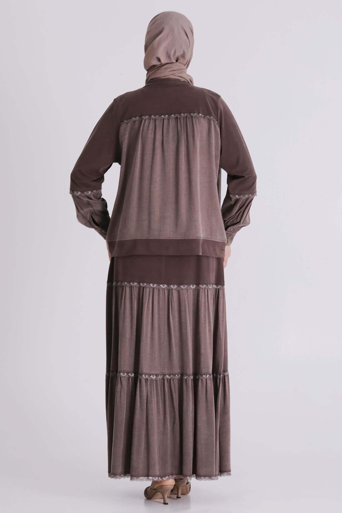 Büyük Beden Tesettür Etekli Takım 38002 Kahve