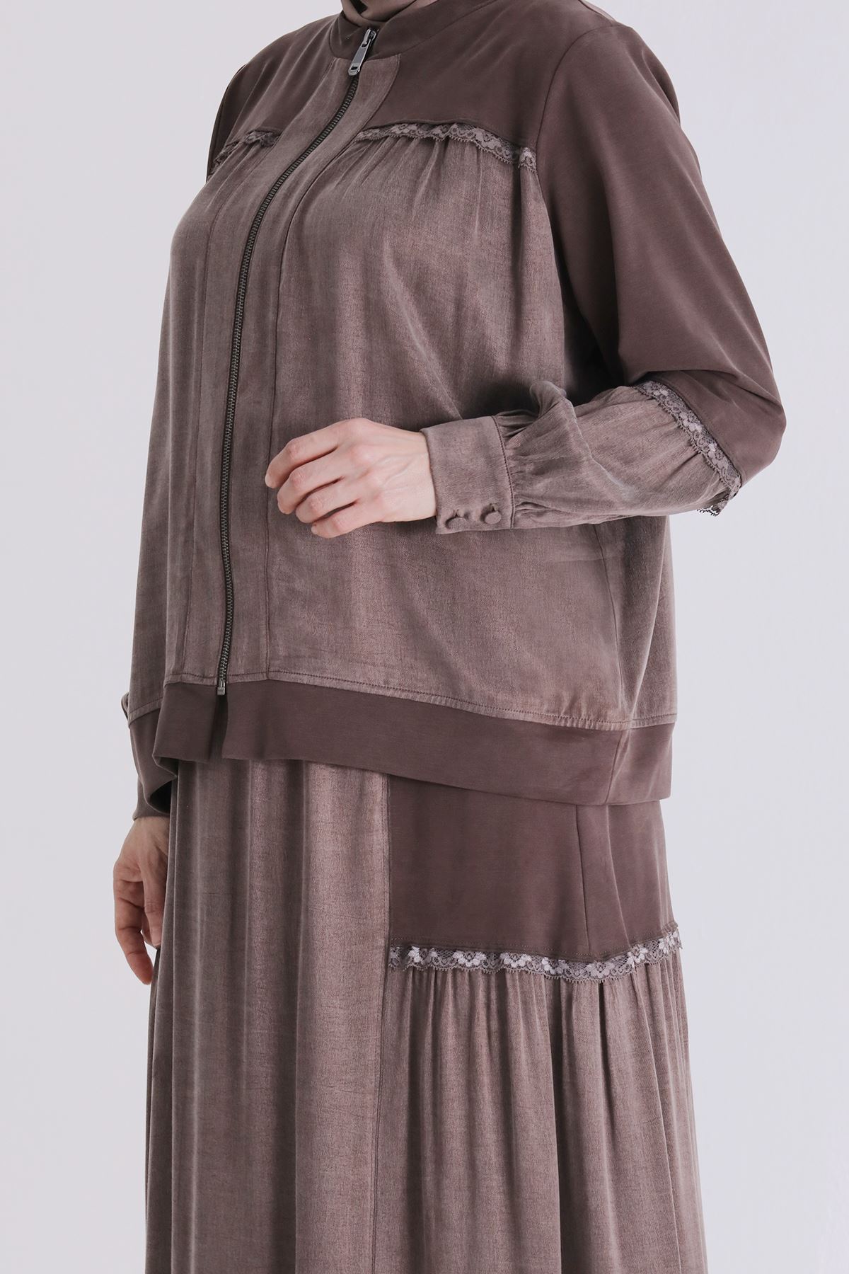 Büyük Beden Tesettür Etekli Takım 38002 Kahve