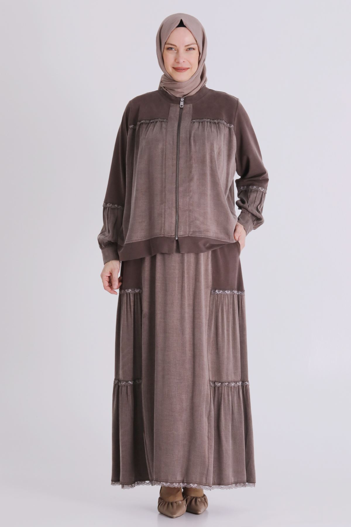 Büyük Beden Tesettür Etekli Takım 38002 Kahve