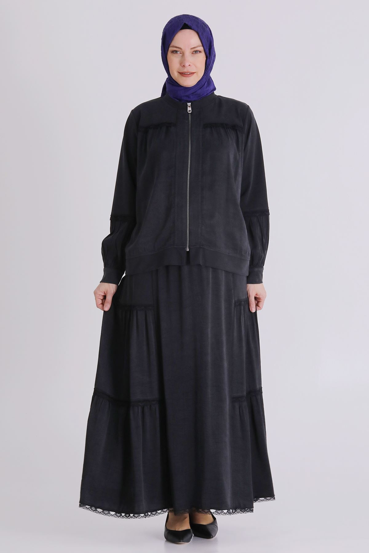 Büyük Beden Tesettür Etekli Takım 38002 Siyah