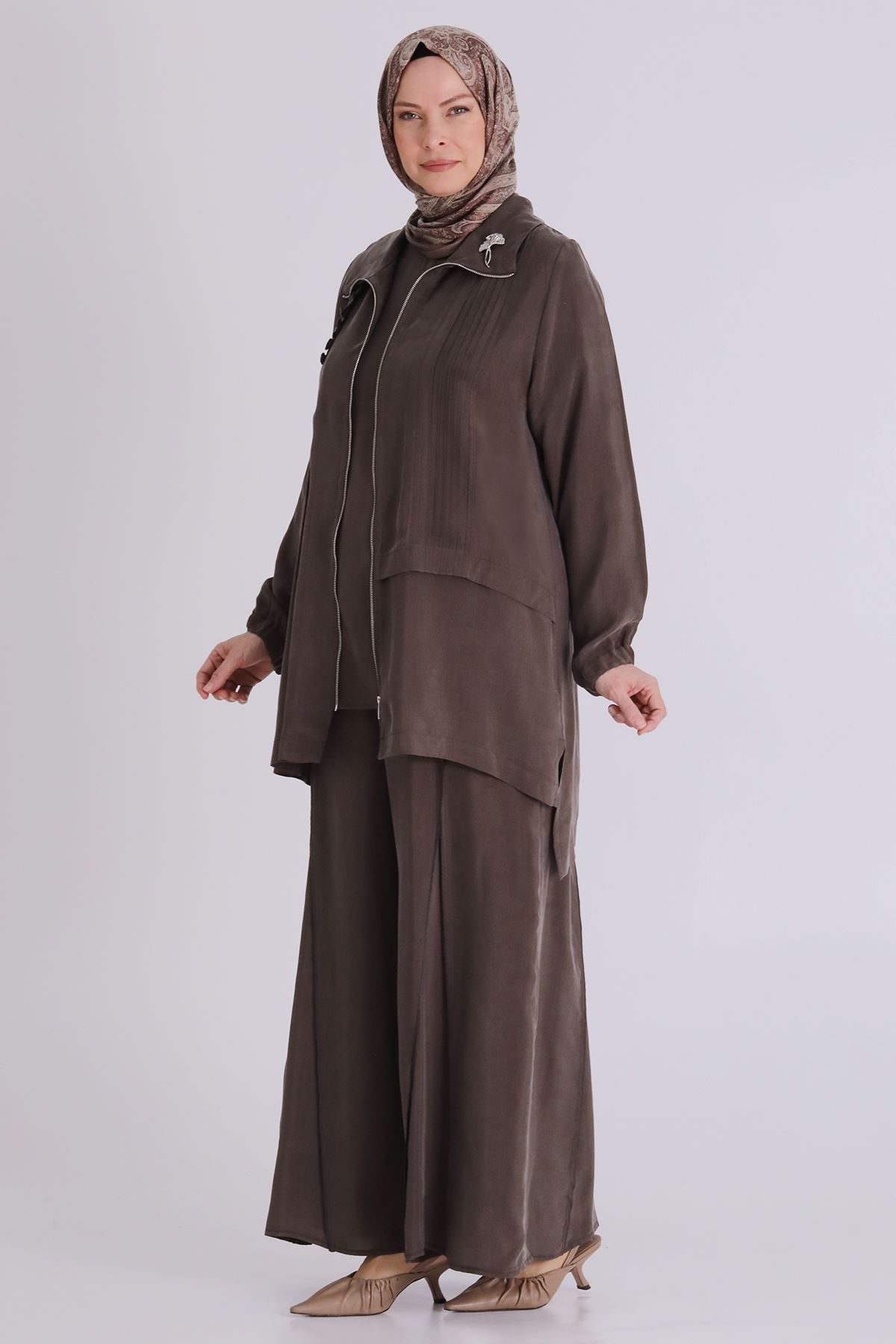 Büyük Beden Tesettür Cupro Üçlü Pantolonlu Takım 70021 Koyu Vizon