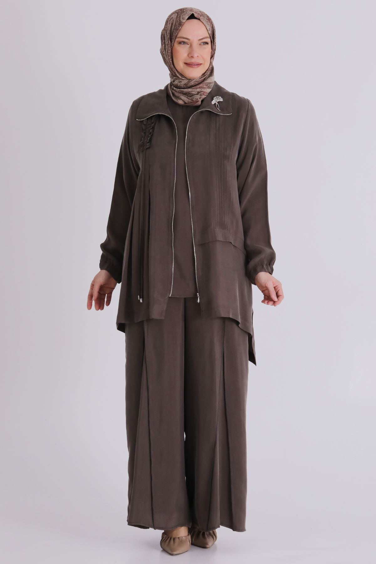 Büyük Beden Tesettür Cupro Üçlü Pantolonlu Takım 70021 Koyu Vizon