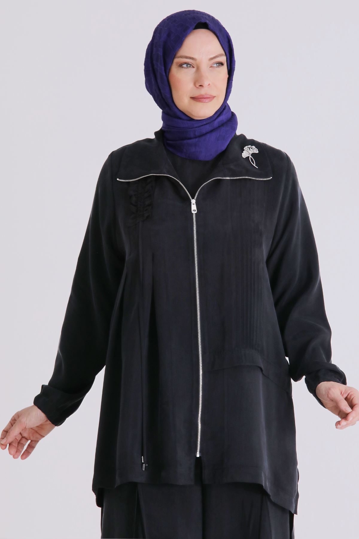 Büyük Beden Tesettür Cupro Üçlü Pantolonlu Takım 70021 Siyah