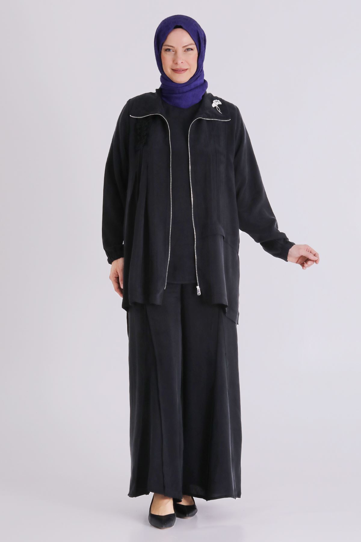 Büyük Beden Tesettür Cupro Üçlü Pantolonlu Takım 70021 Siyah