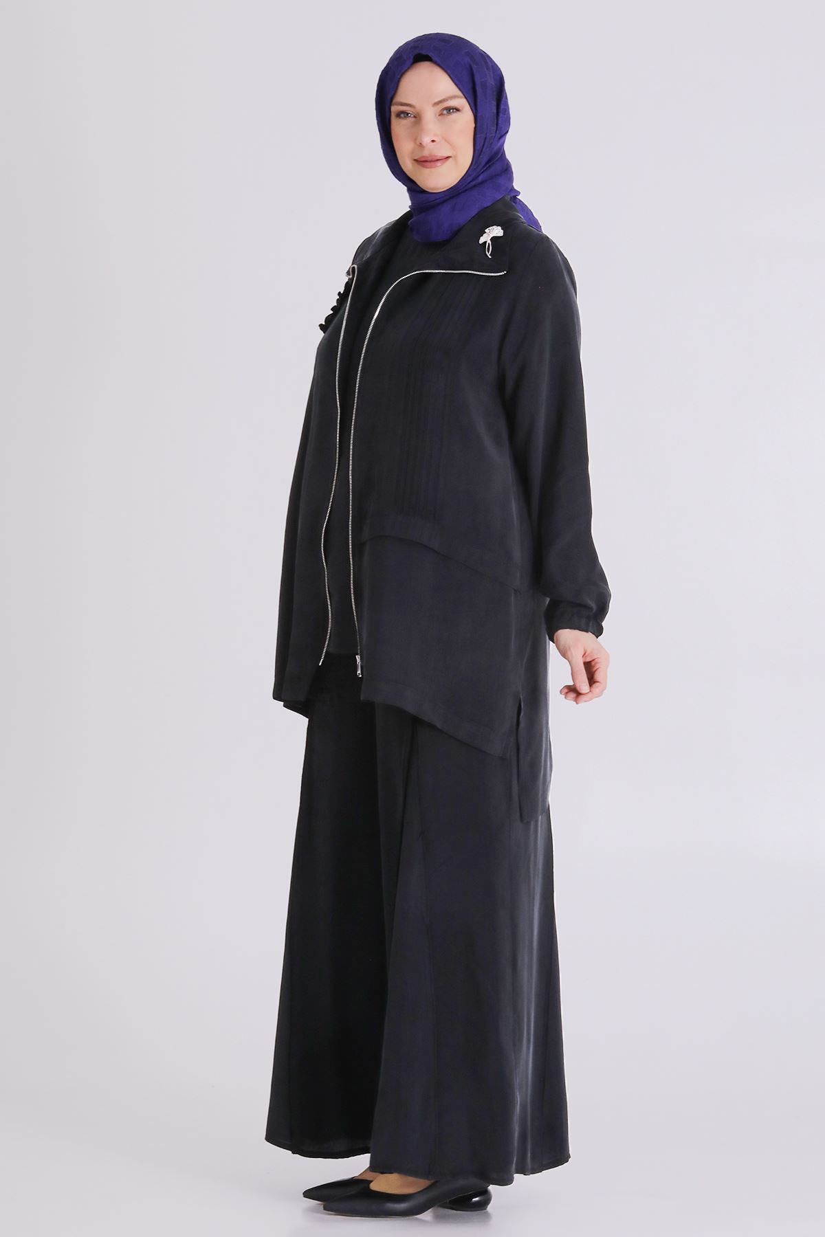 Büyük Beden Tesettür Cupro Üçlü Pantolonlu Takım 70021 Siyah