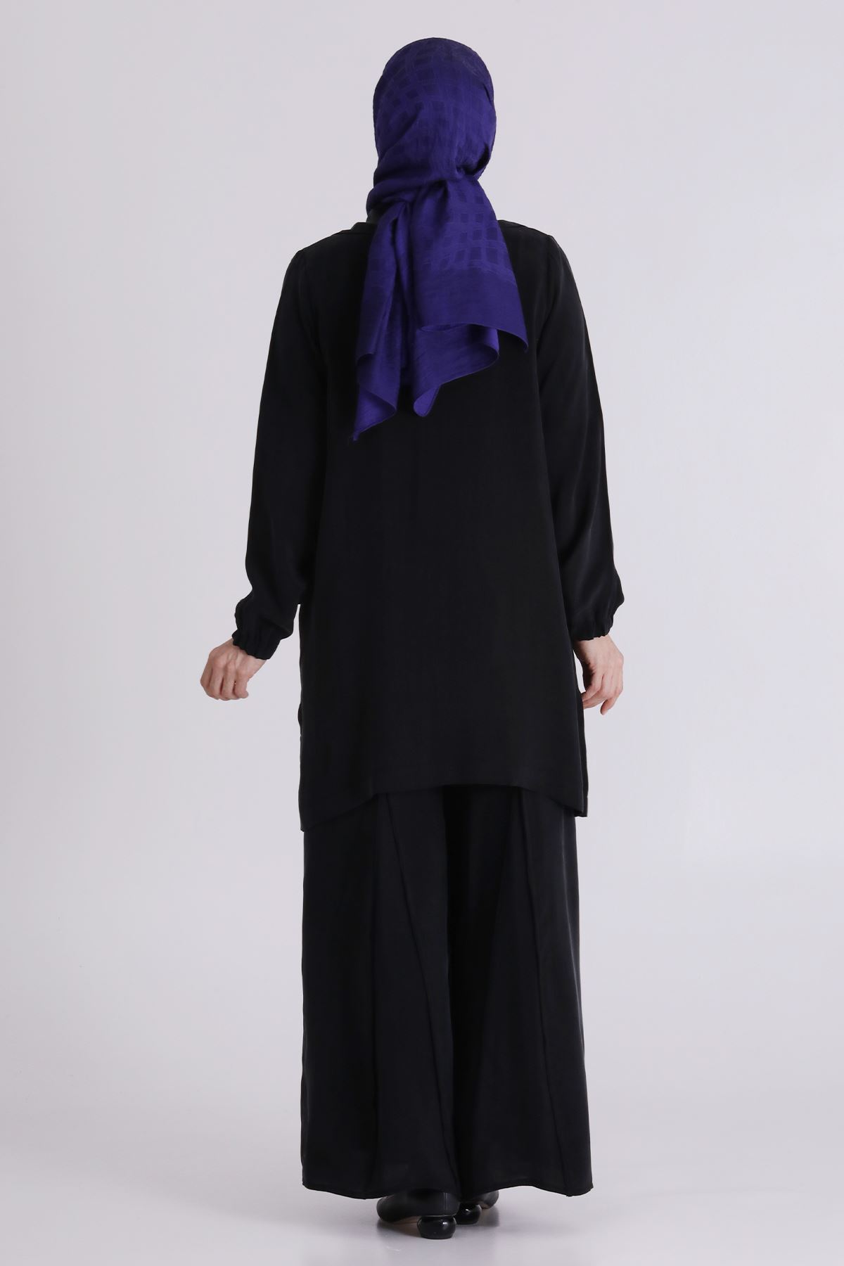 Büyük Beden Tesettür Cupro Üçlü Pantolonlu Takım 70021 Siyah