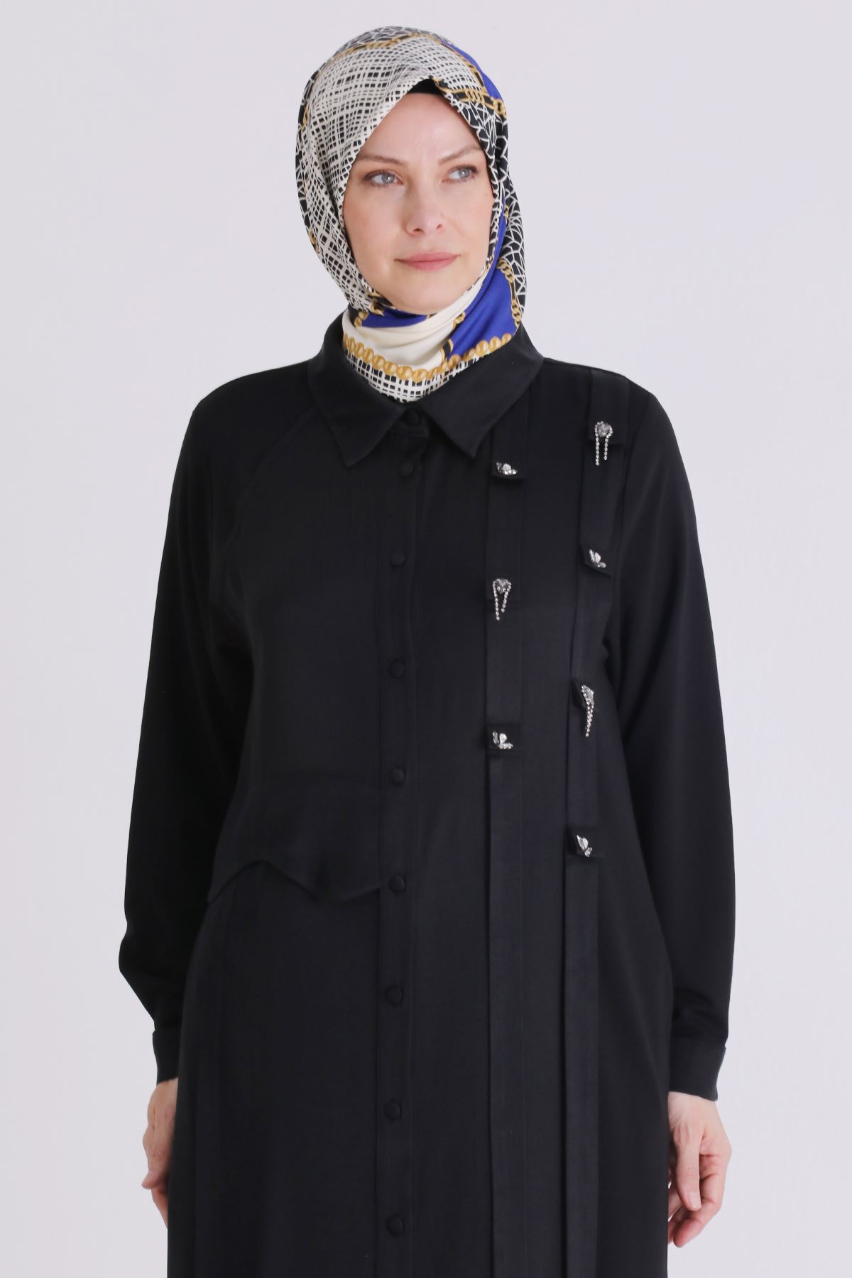 Büyük Beden Tesettür Taşlı Ferace 28080 Siyah