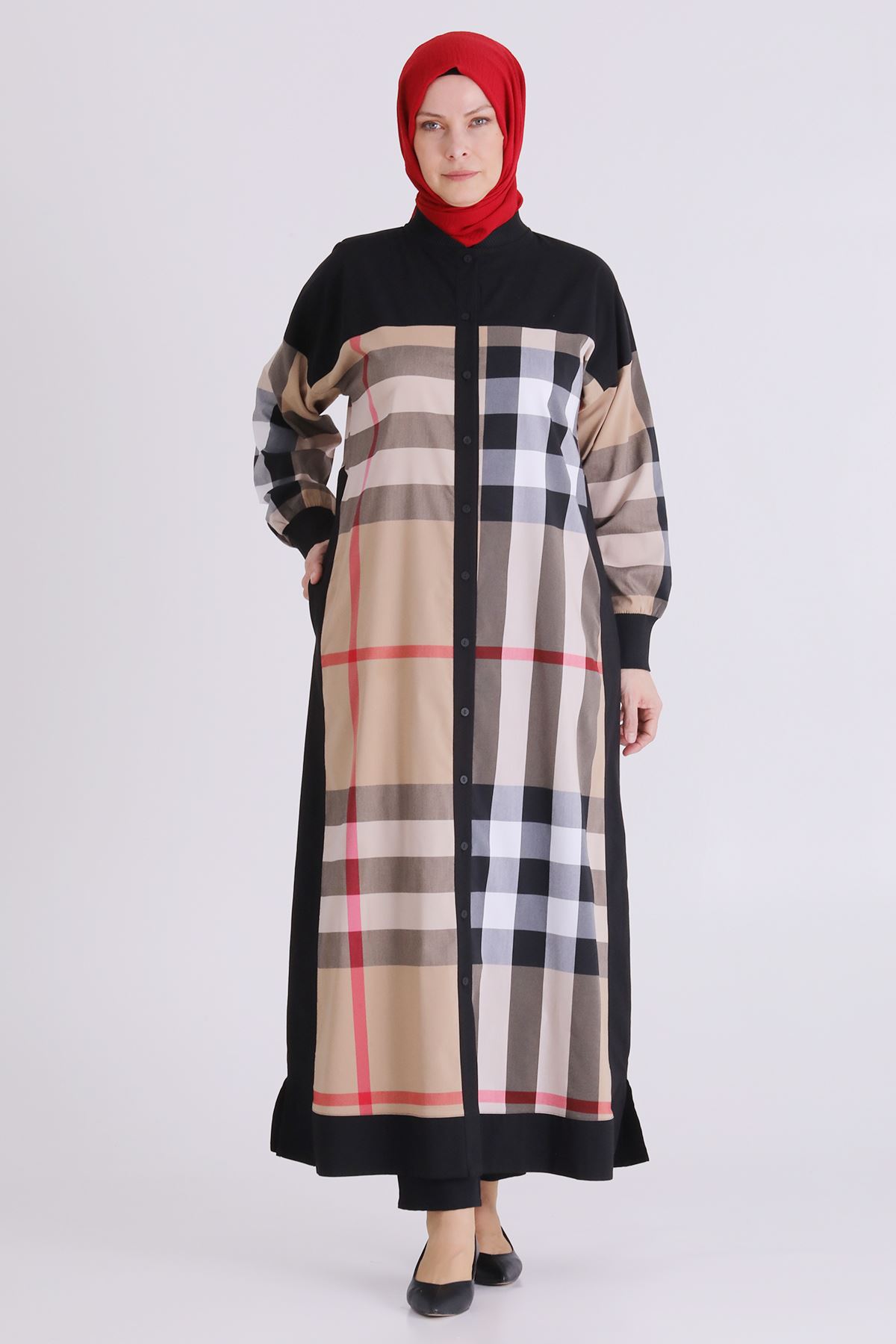 Büyük Beden Tesettür Ekoseli Düğmeli Ferace 2826 Bej