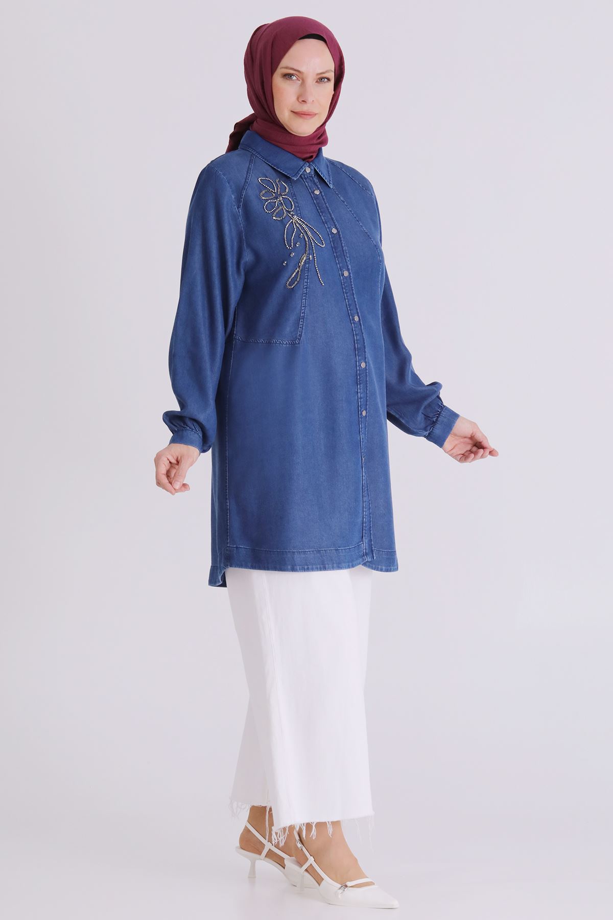 Büyük Beden Tesettür Tensel Kot Tunik 23034 Koyu Mavi