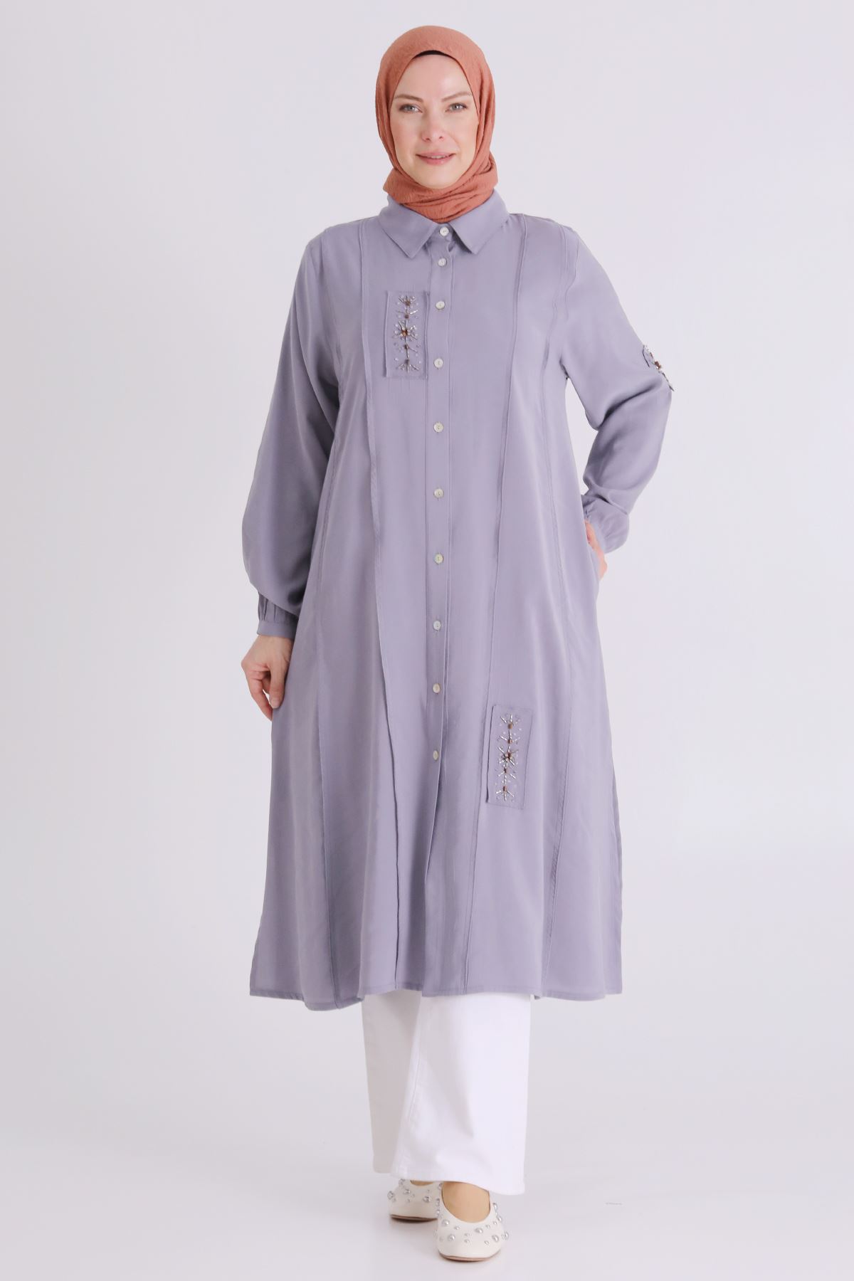 Büyük Beden Tesettür İşlemeli Tunik 2359 Gri