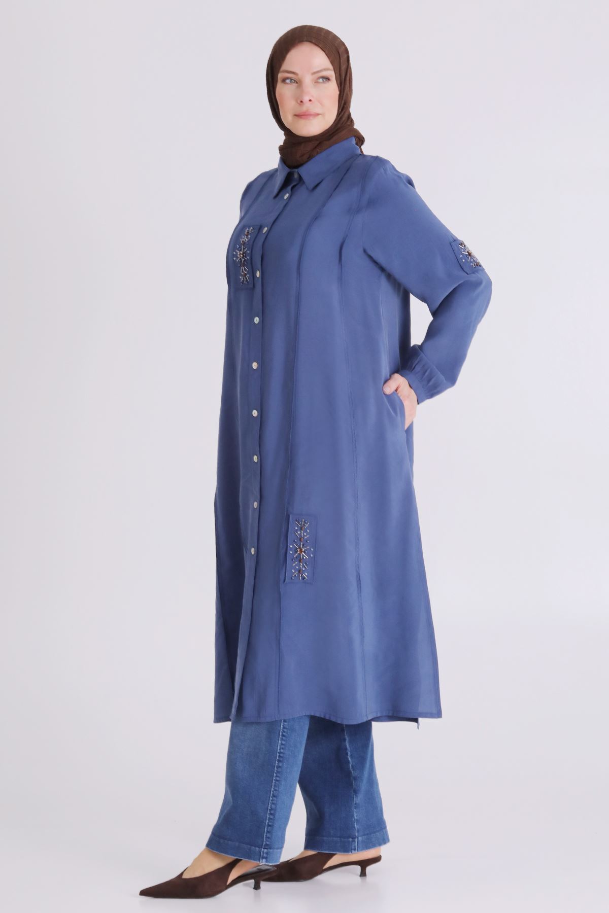 Büyük Beden Tesettür İşlemeli Tunik 2359 İndigo