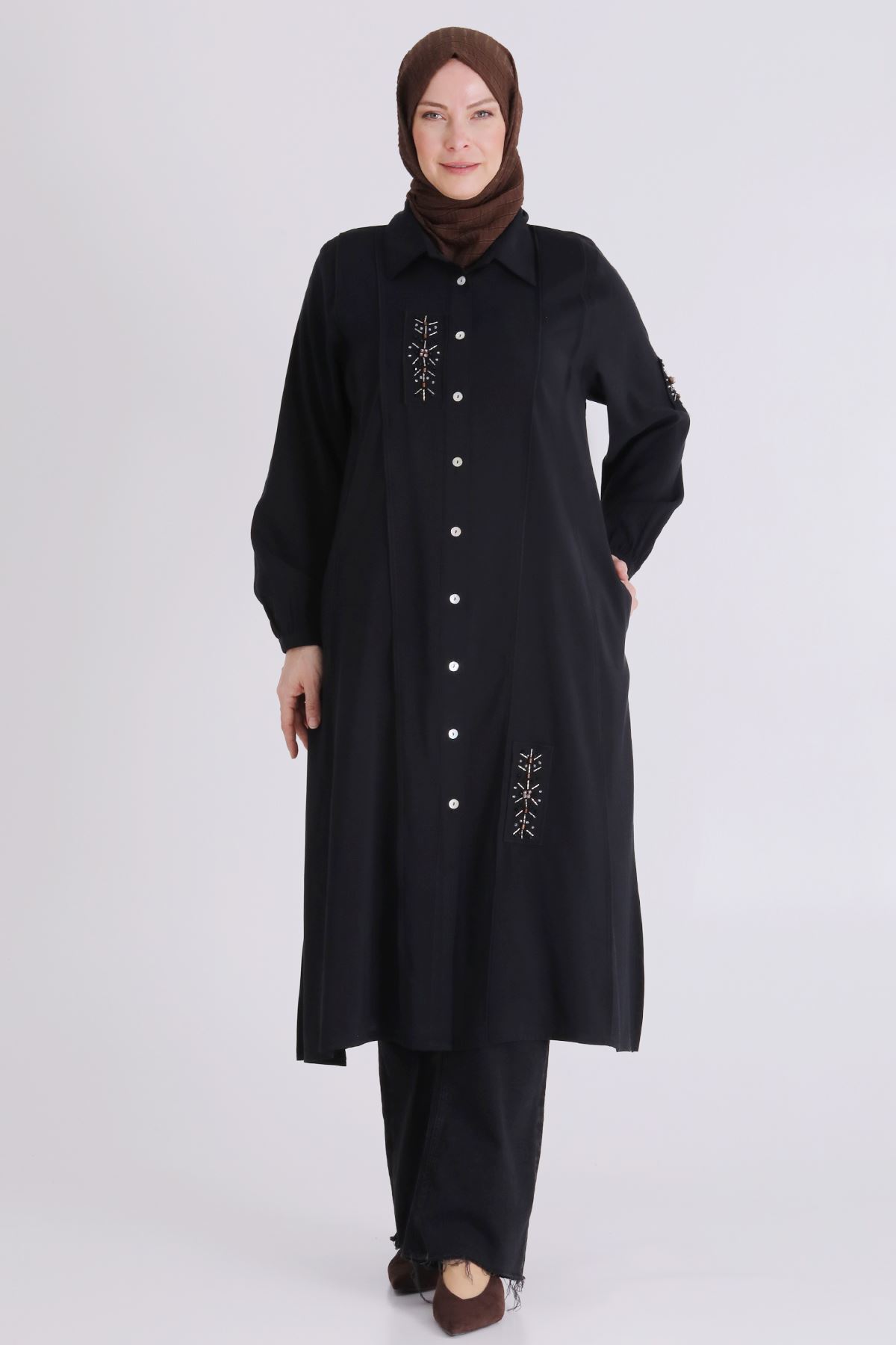 Büyük Beden Tesettür İşlemeli Tunik 2359 Siyah