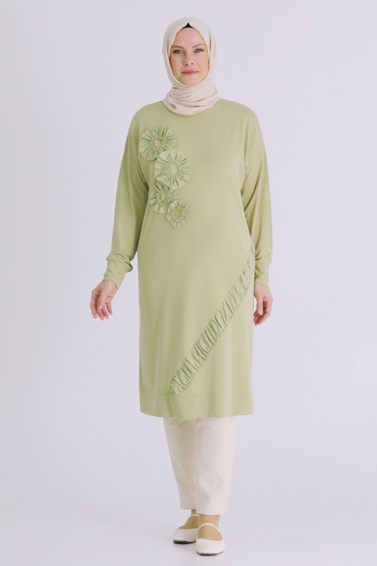 Büyük Beden Tesettür İşlemeli Tunik 20133 Ihlamur