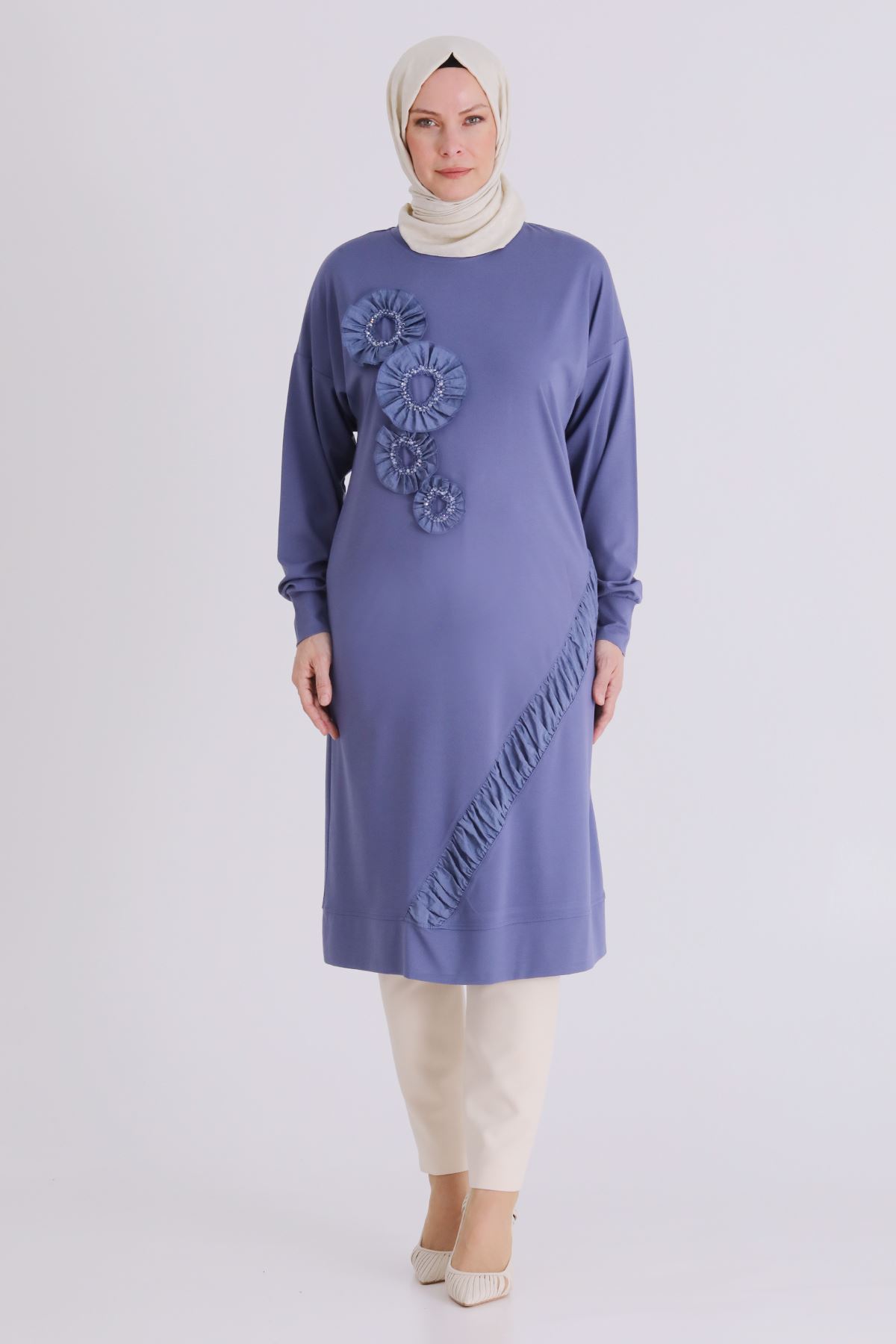 Büyük Beden Tesettür İşlemeli Tunik 20133 Morcivert