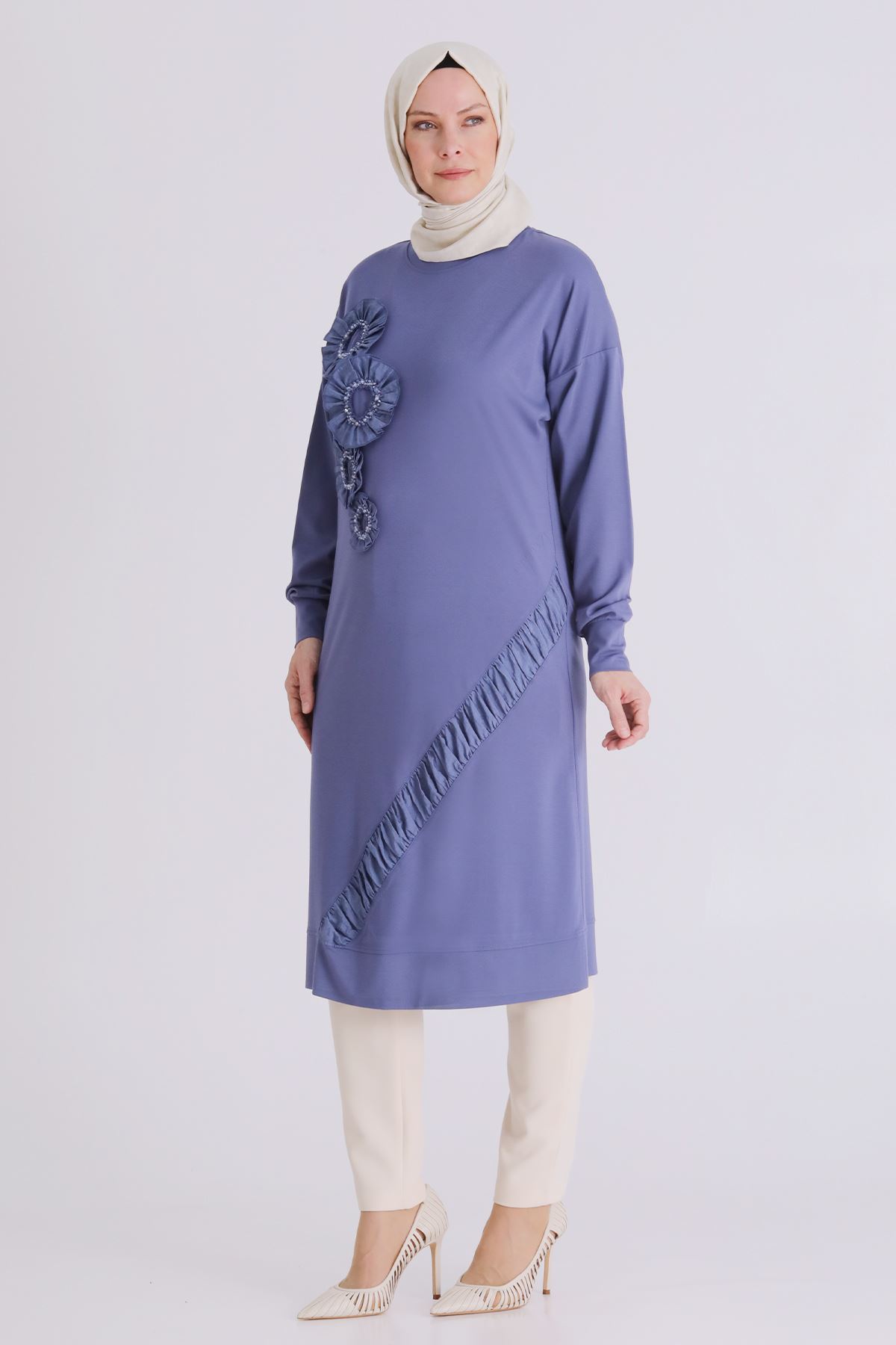 Büyük Beden Tesettür İşlemeli Tunik 20133 Morcivert