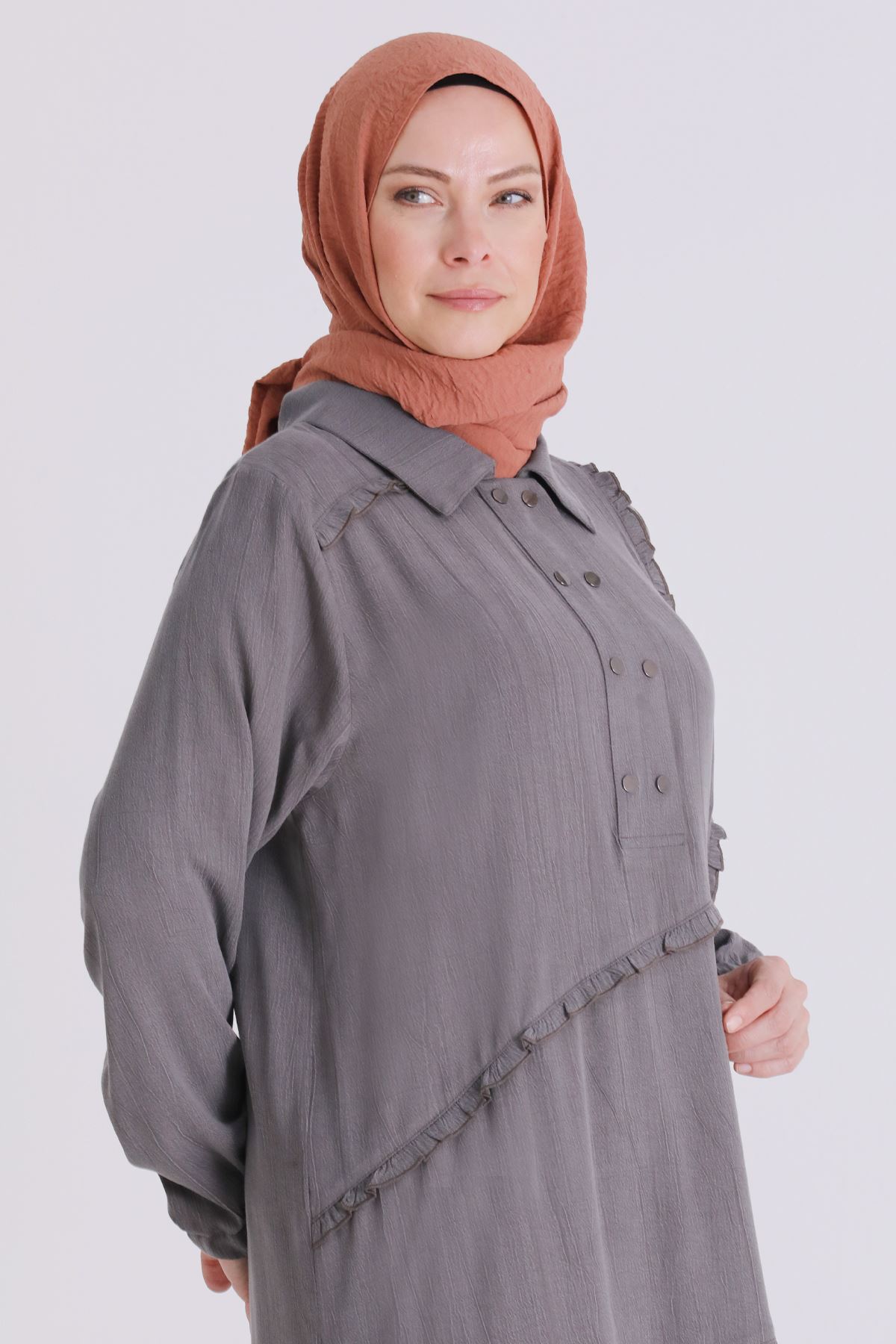 Büyük Beden Tesettür Elbise 7524 Duman Gri
