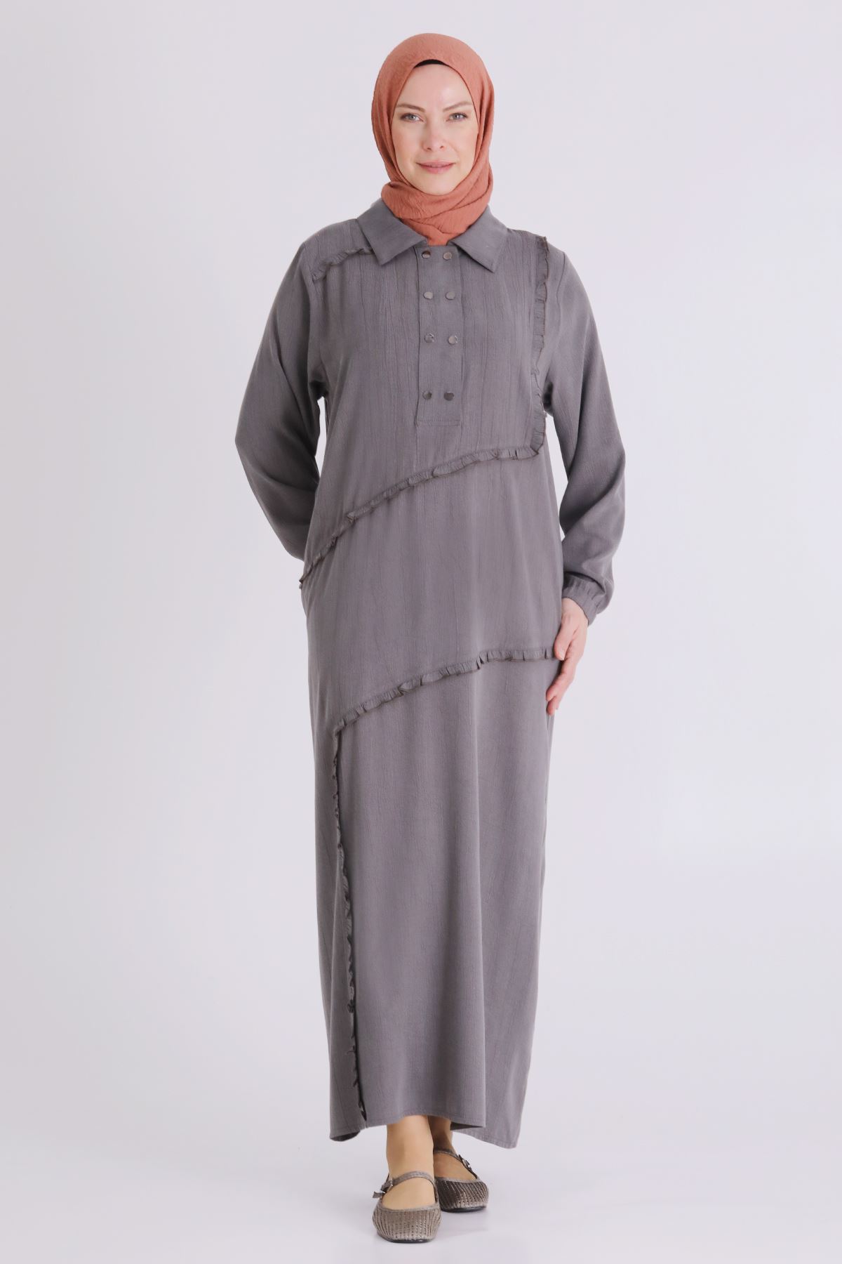 Büyük Beden Tesettür Elbise 7524 Duman Gri