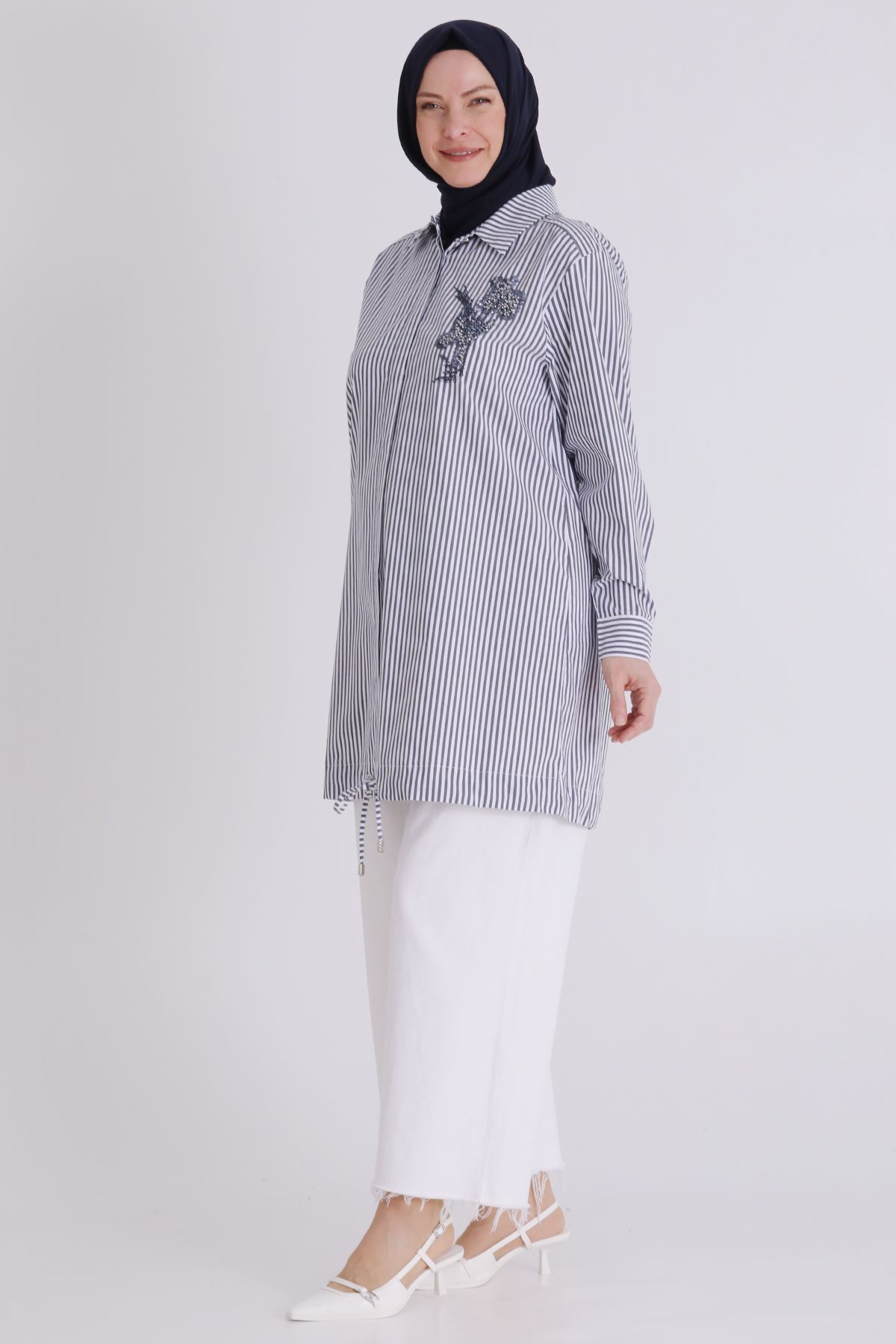 Büyük Beden Tesettür Çizgili Tunik 23036 Lacivert