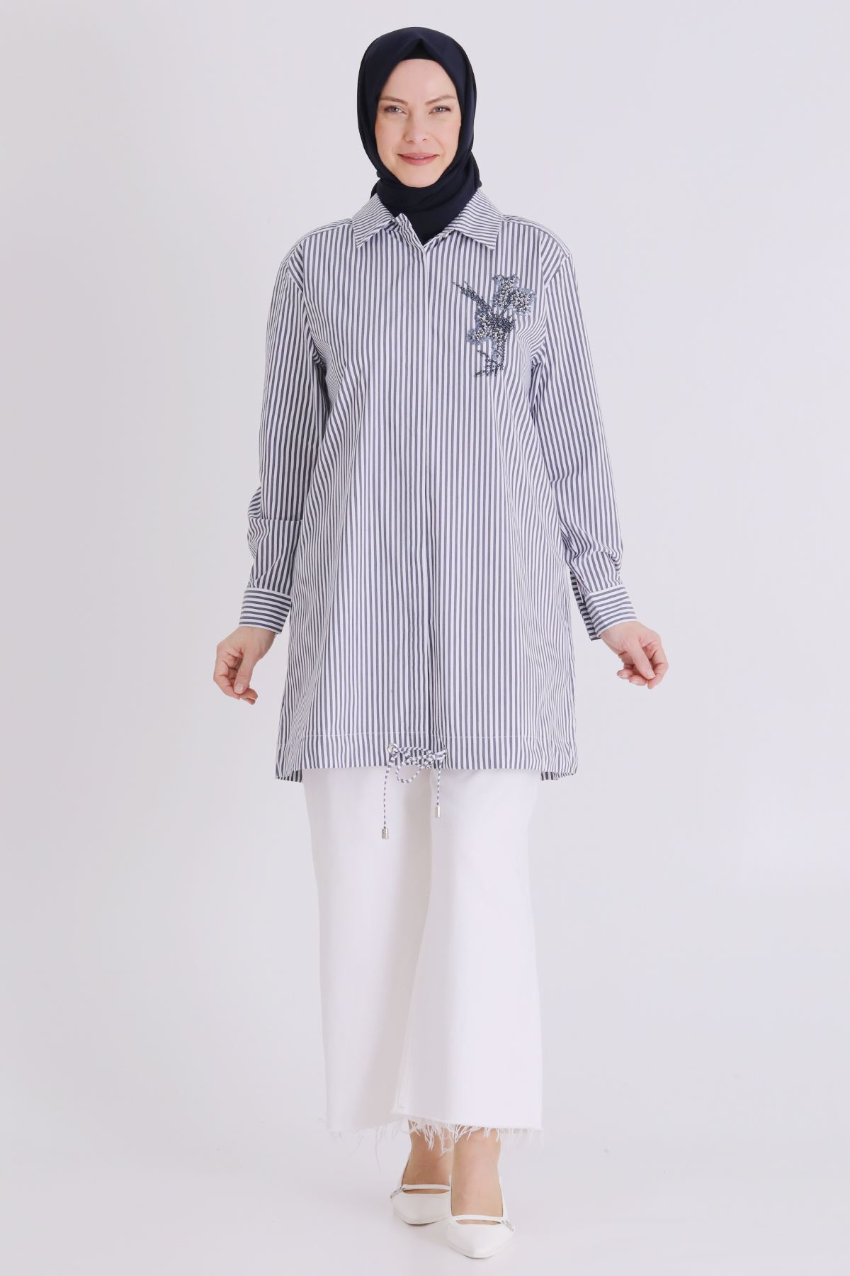Büyük Beden Tesettür Çizgili Tunik 23036 Lacivert