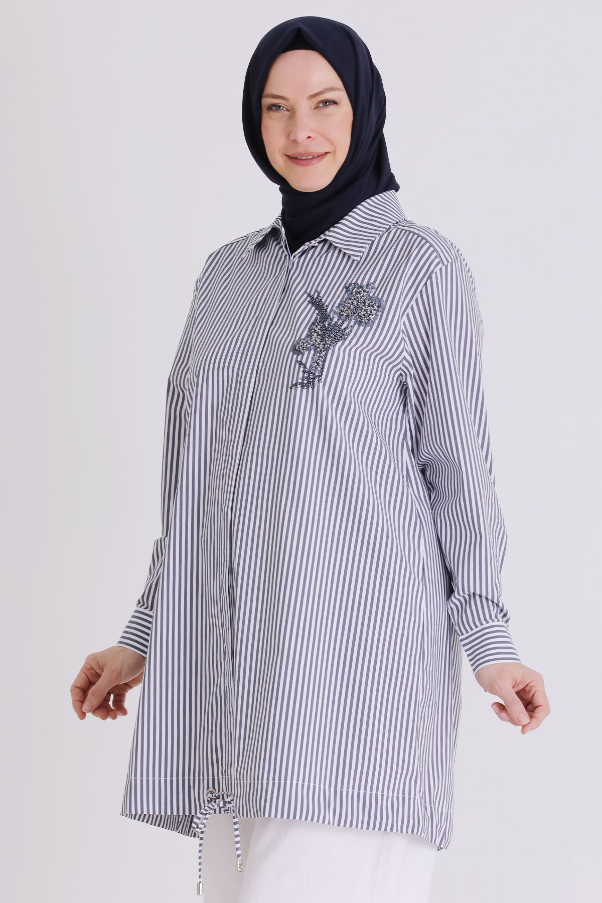 Büyük Beden Tesettür Çizgili Tunik 23036 Lacivert