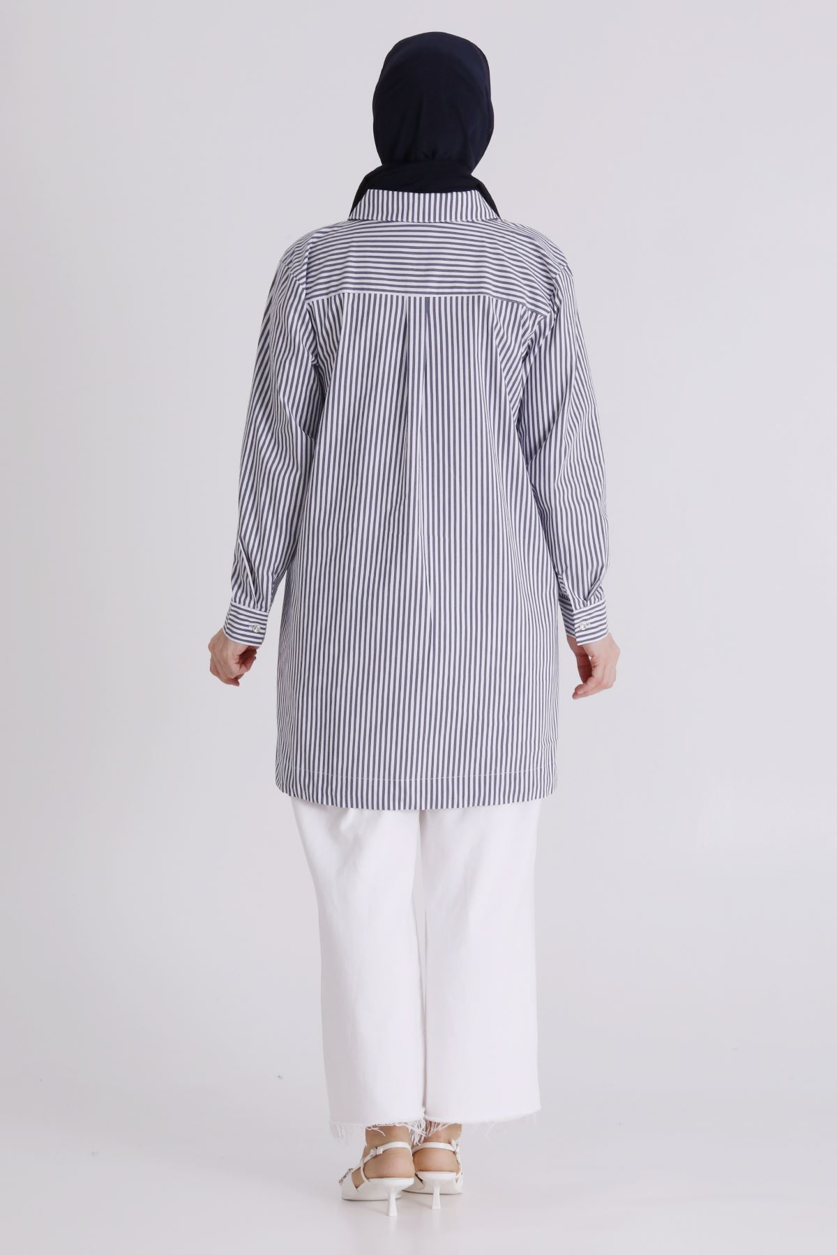 Büyük Beden Tesettür Çizgili Tunik 23036 Lacivert