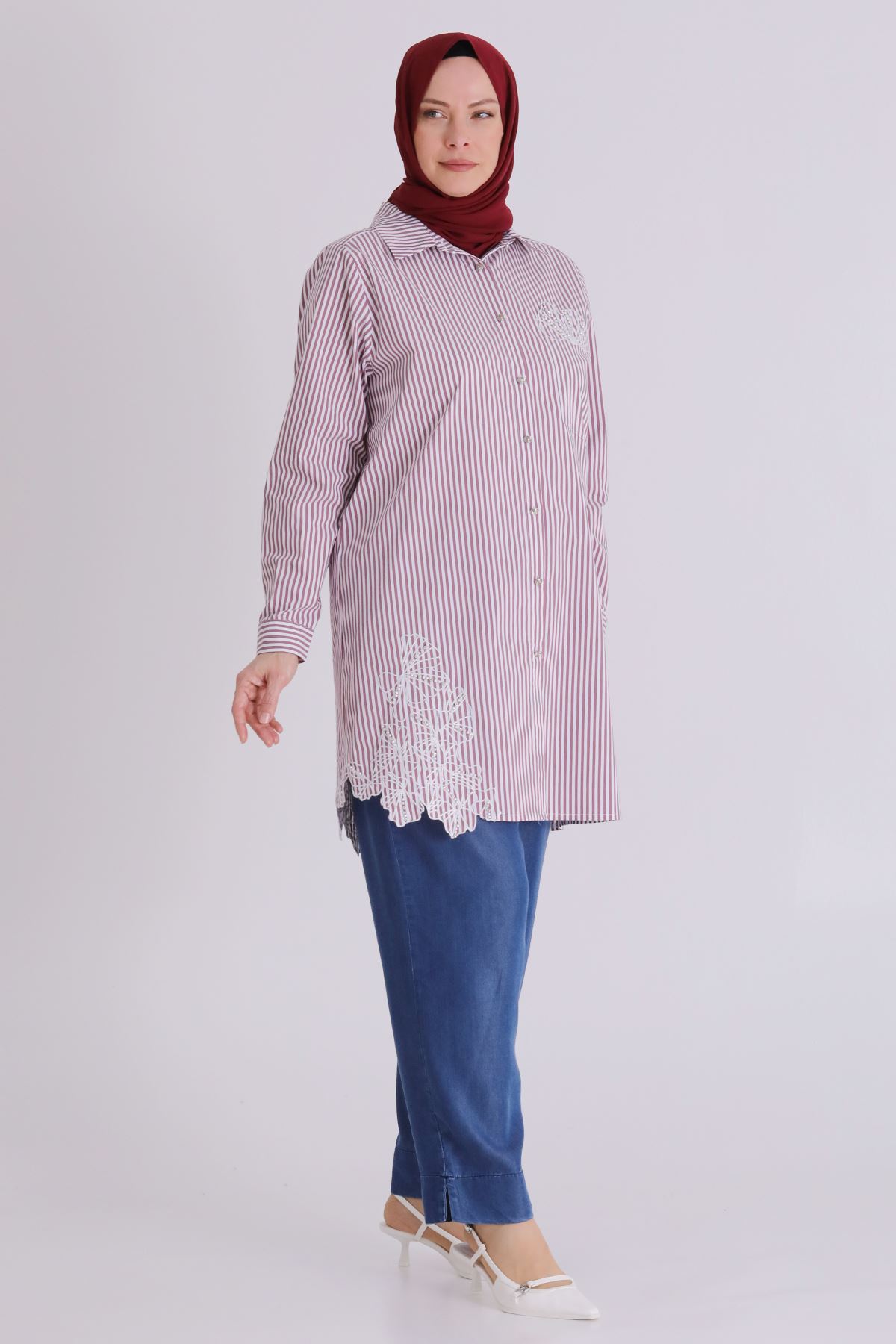 Büyük Beden Tesettür Çizgili Tunik 23037 Bordo
