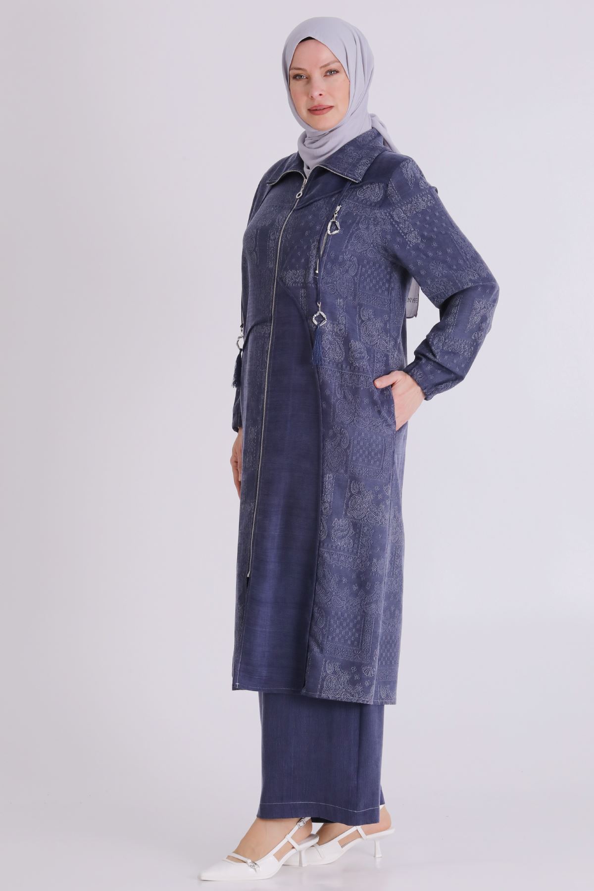 Büyük Beden Tesettür Pantolonlu Takım 35150 Denim Mavi