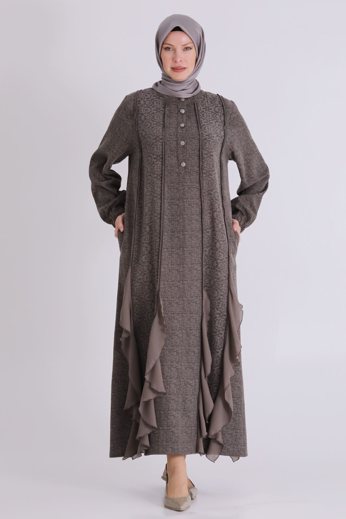 Büyük Beden Tesettür Elbise 75010 Koyu Vizon