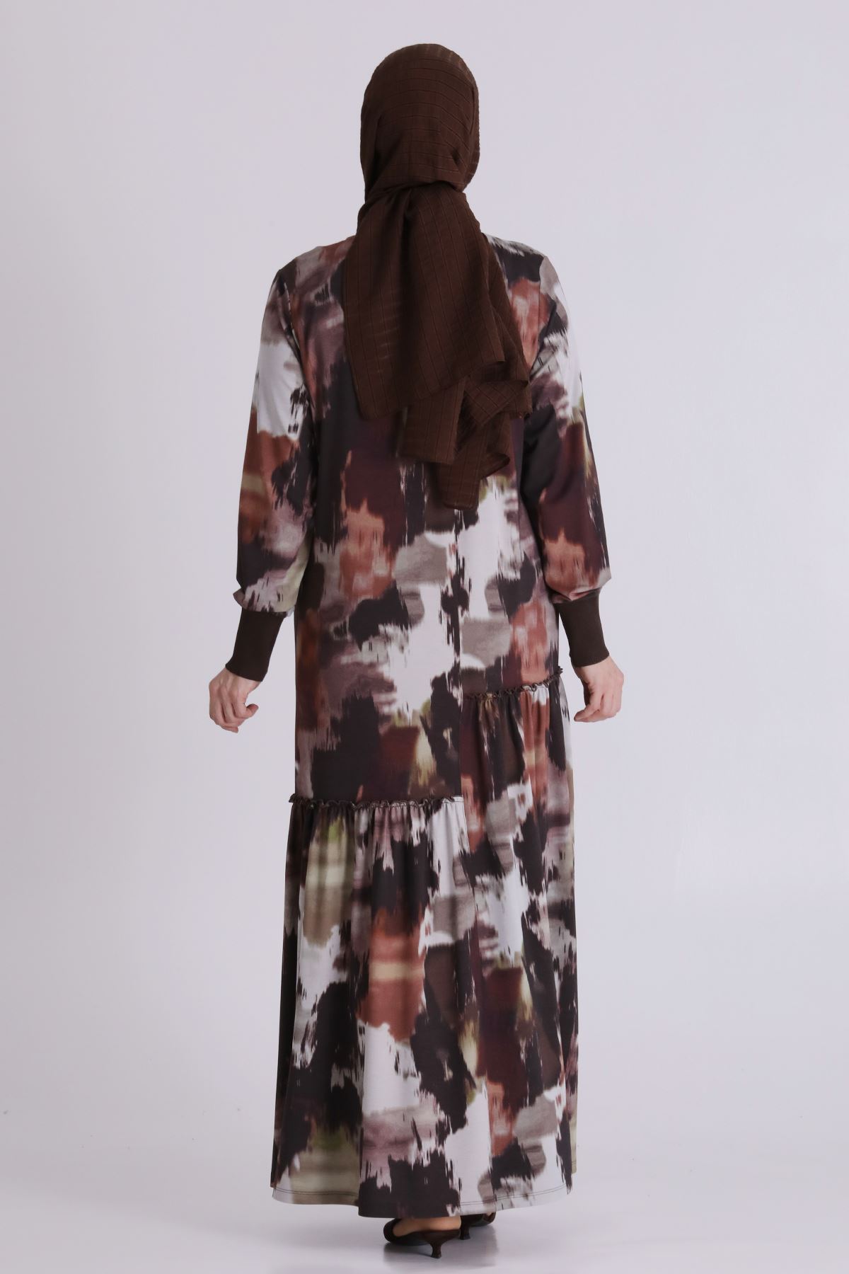 Büyük Beden Tesettür Desenli Elbise 75011 Kahve-Bordo