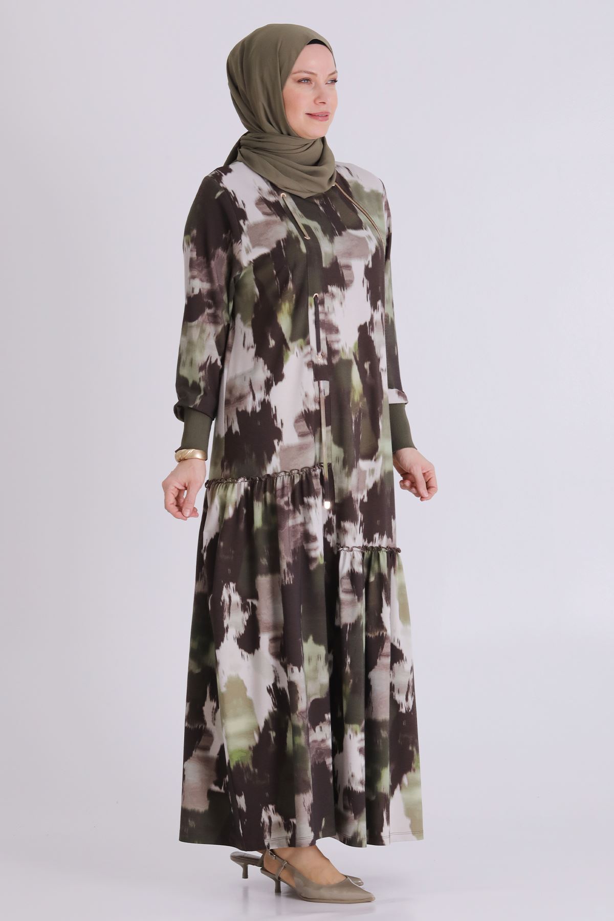 Büyük Beden Tesettür Desenli Elbise 75011 Kahve-Yeşil