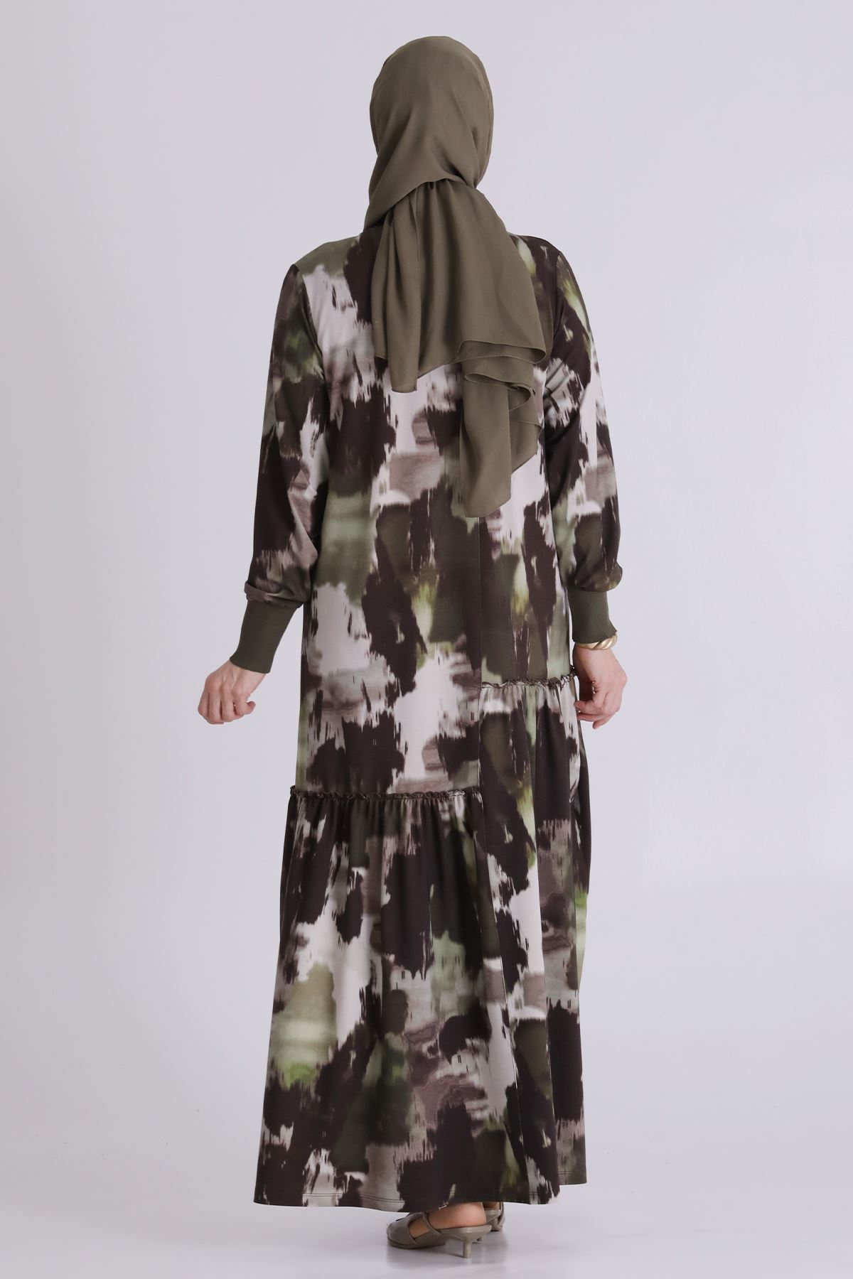 Büyük Beden Tesettür Desenli Elbise 75011 Kahve-Yeşil