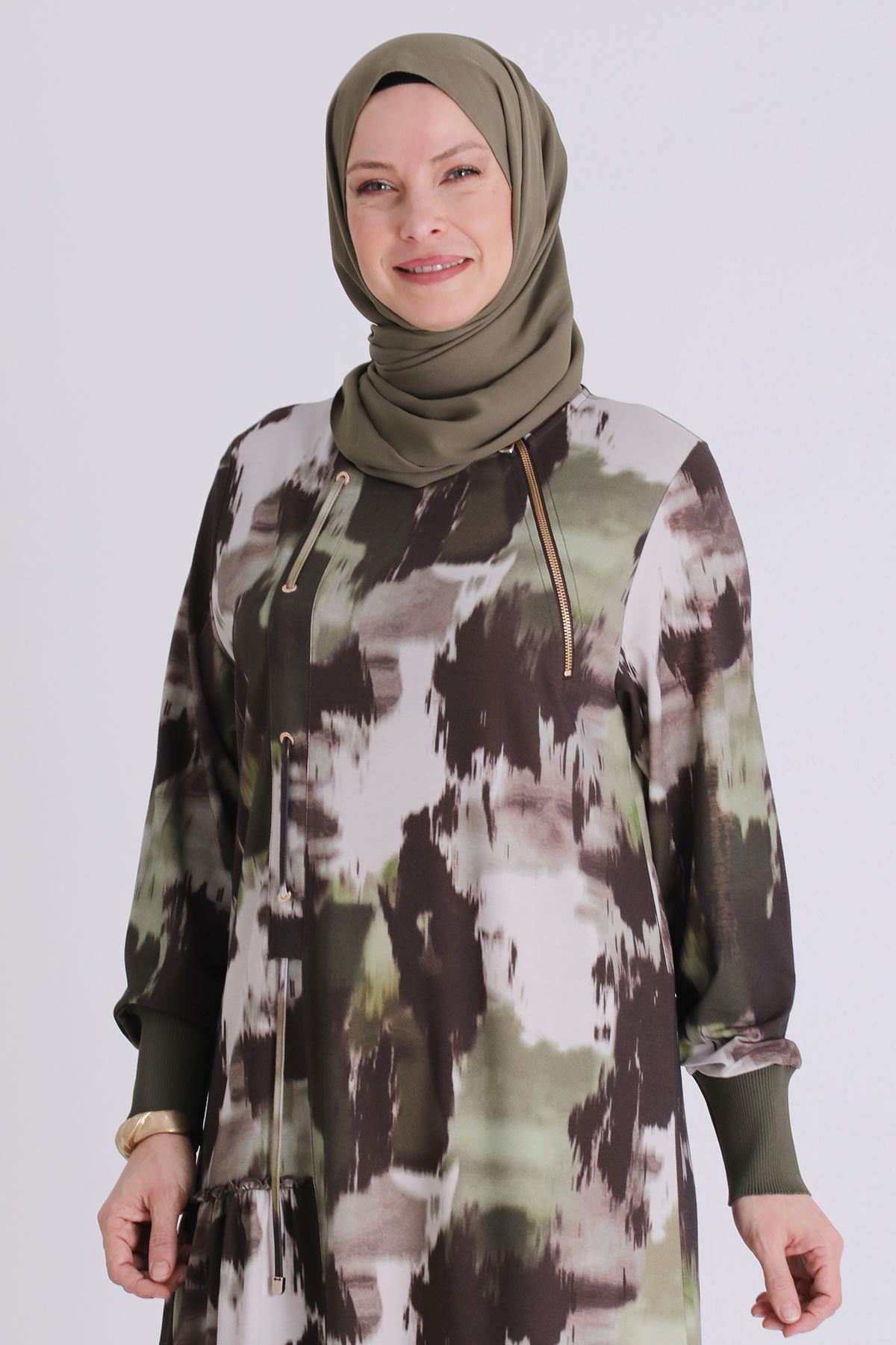 Büyük Beden Tesettür Desenli Elbise 75011 Kahve-Yeşil