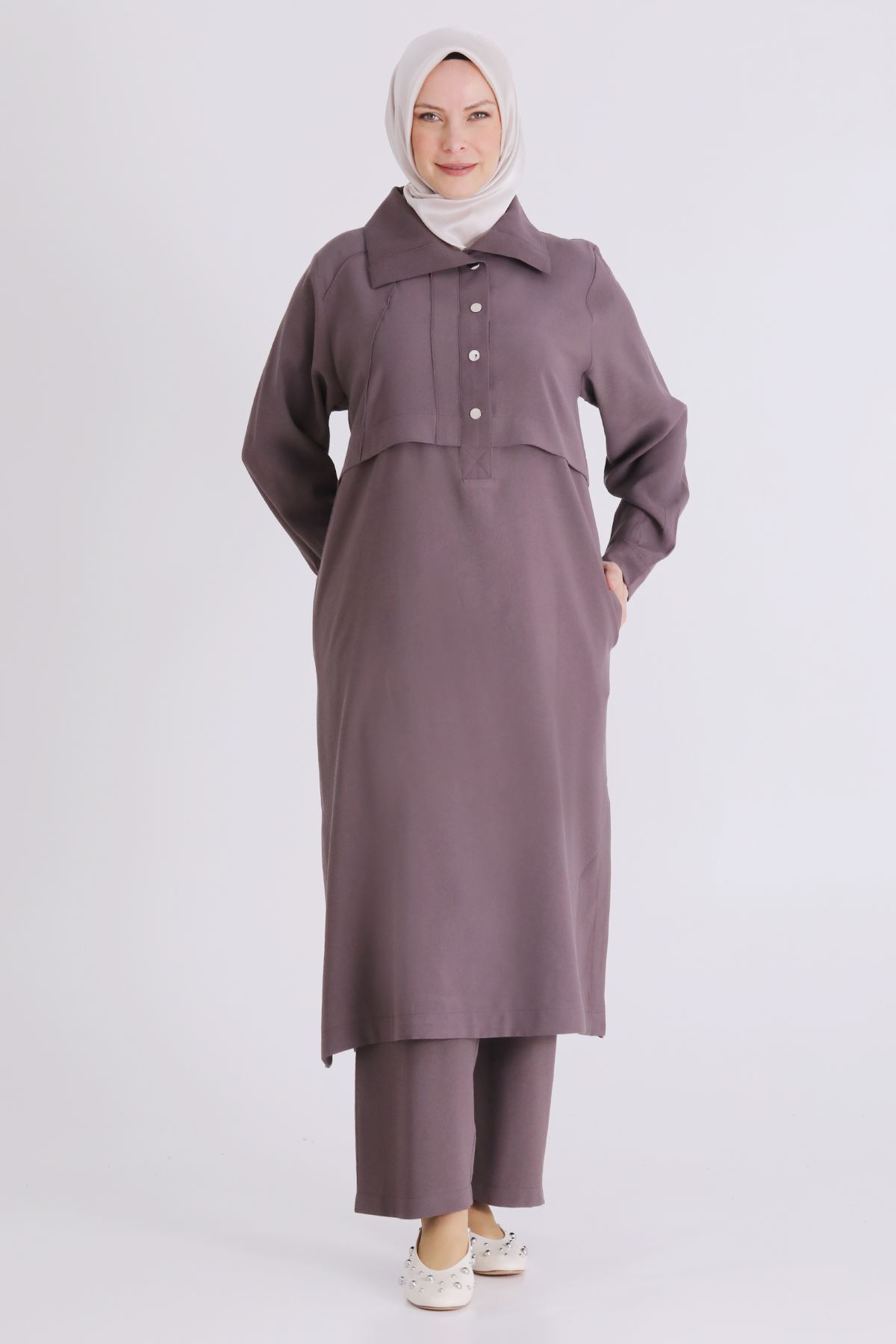 Büyük Beden Tesettür Pantolonlu Takım 3560 Kakao