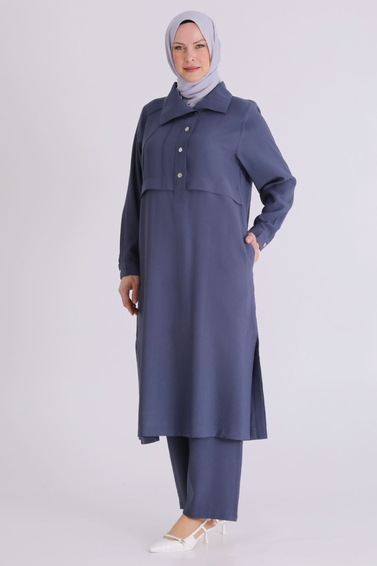 Büyük Beden Tesettür Pantolonlu Takım 3560 Duman Mavi