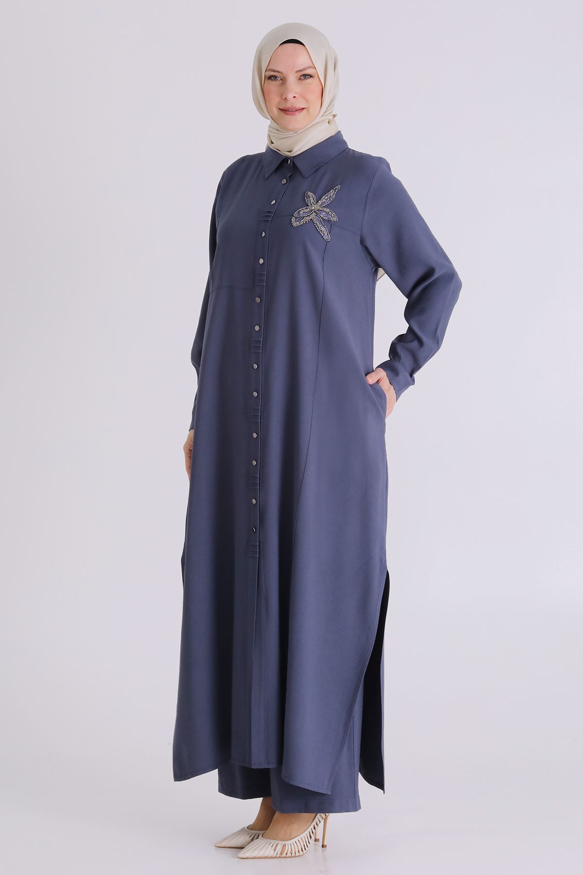 Büyük Beden Tesettür Pantolonlu Takım 3561 Duman Mavi