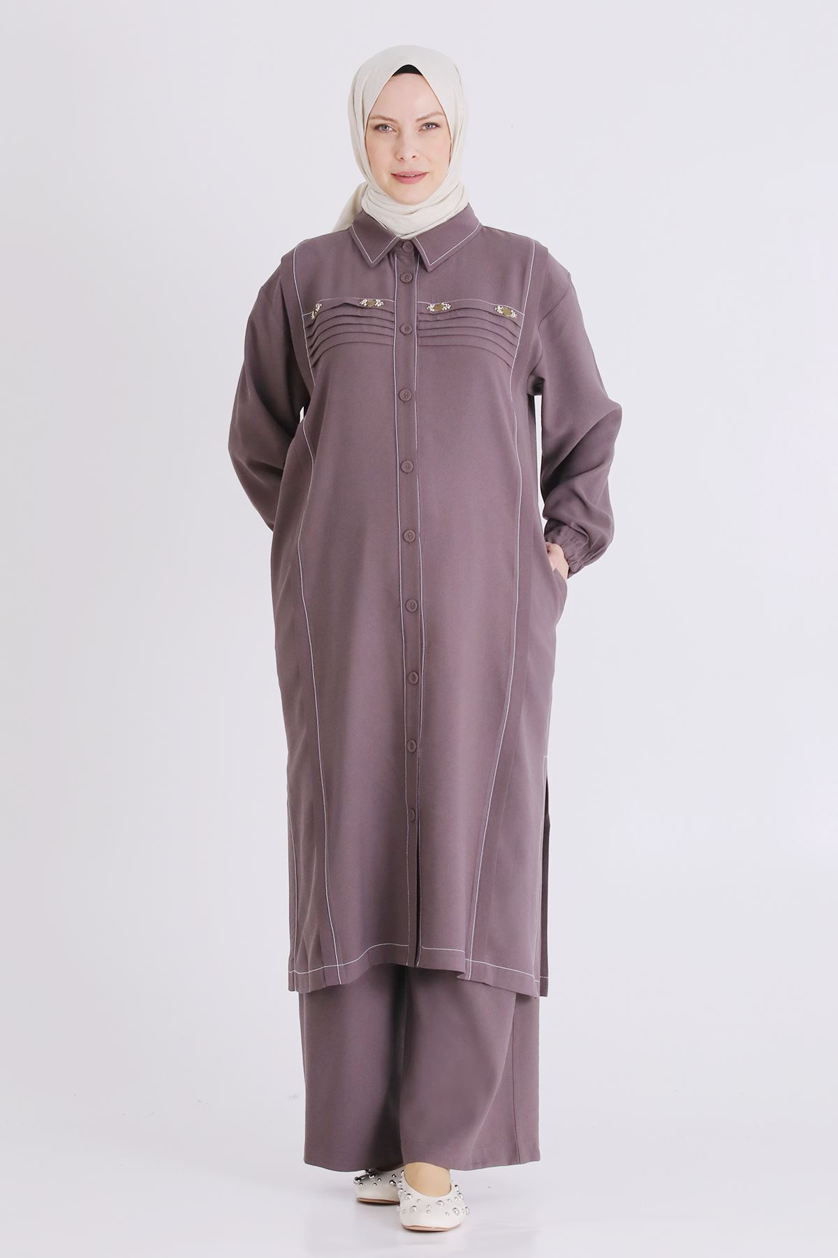 Büyük Beden Tesettür Pantolonlu Takım 3559 Kakao