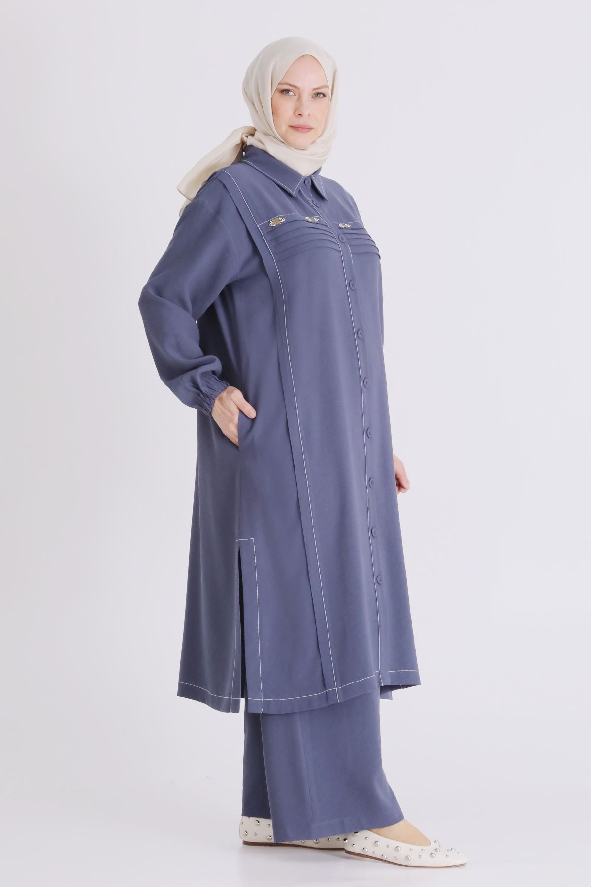 Büyük Beden Tesettür Pantolonlu Takım 3559 Duman Mavi