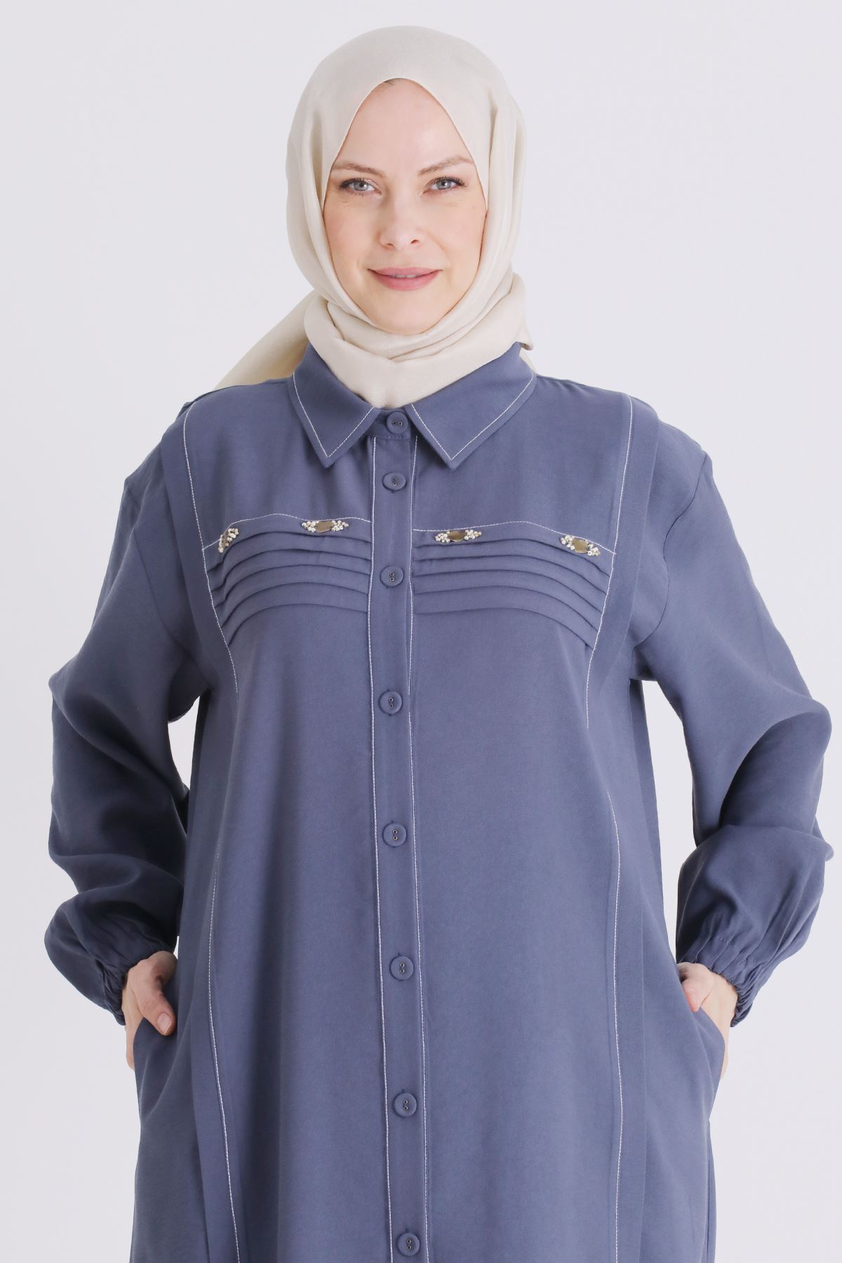 Büyük Beden Tesettür Pantolonlu Takım 3559 Duman Mavi