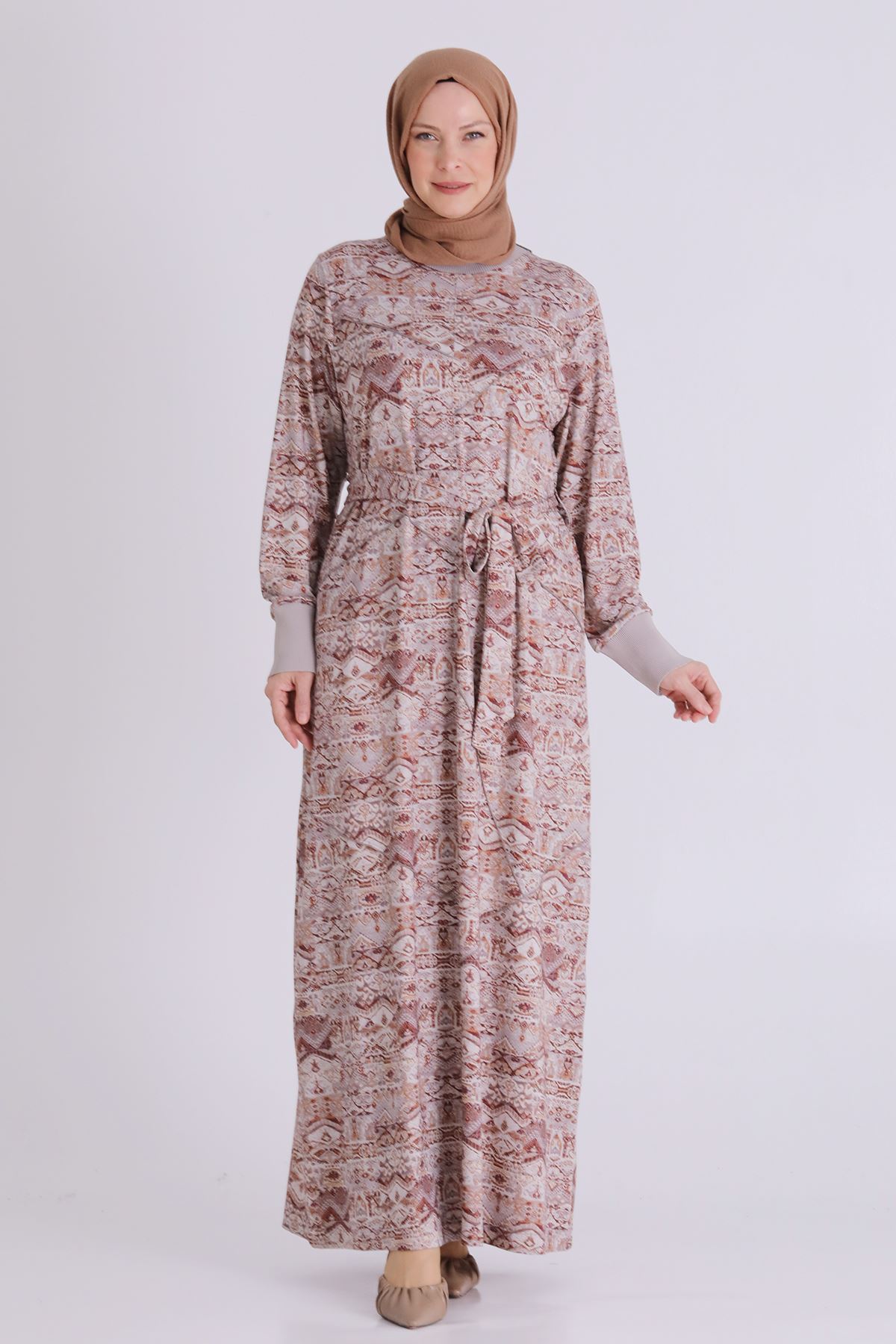 Büyük Beden Tesettür Elbise 7529 Sütlü Kahve