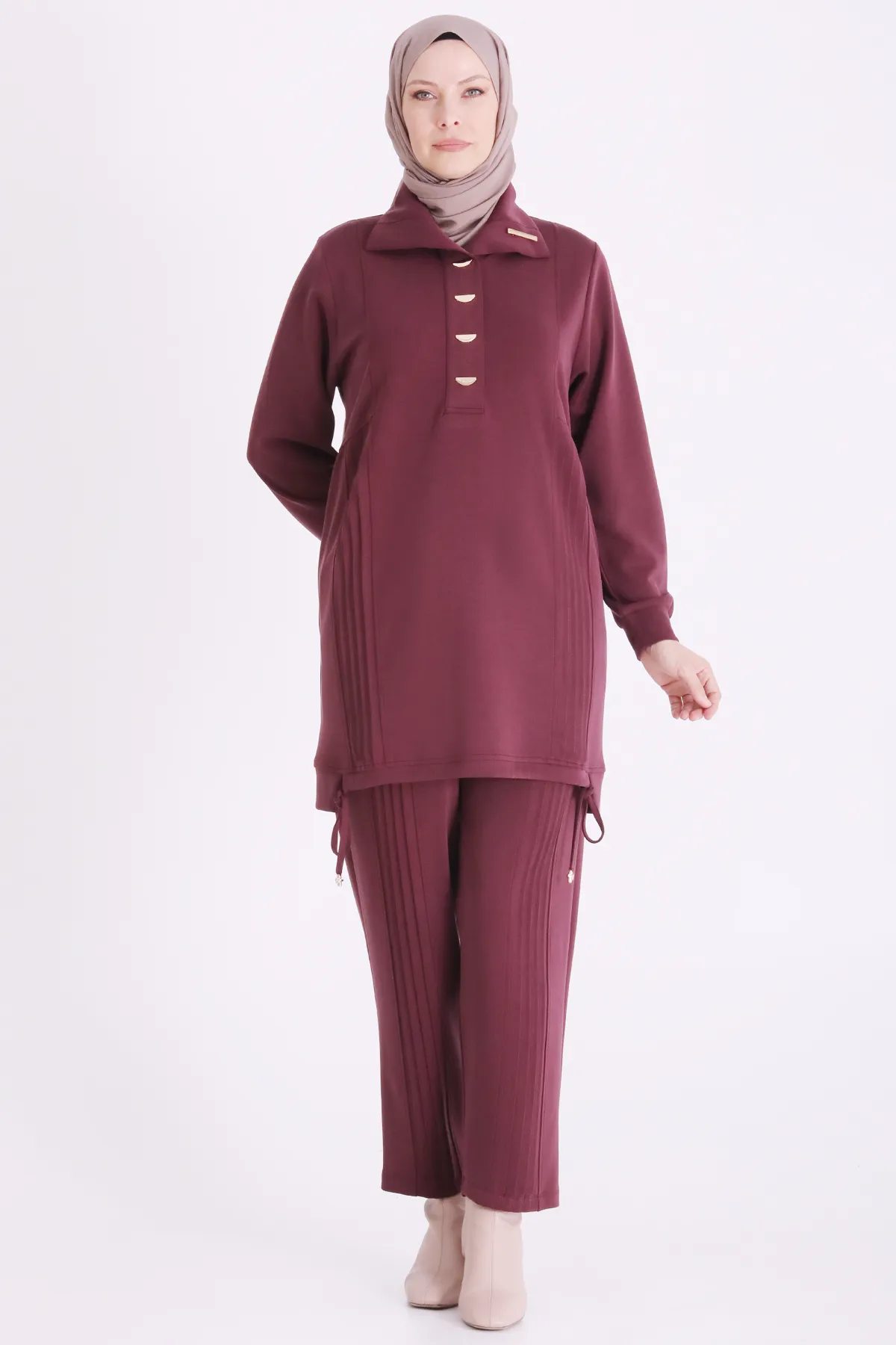 Büyük Beden Tesettür Pantolonlu Takım 35157 Bordo
