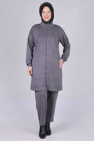 Büyük Beden Tesettür Oysho Kumaş Pantolonlu Takım 3536 Füme