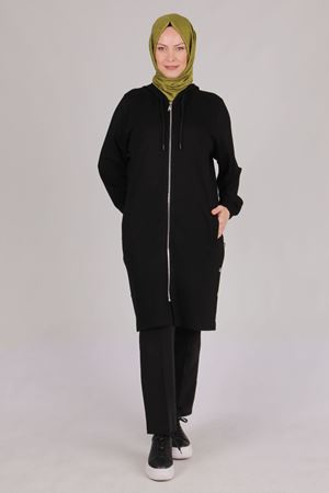 Büyük Beden Tesettür Kapüşonlu Kap 2539 Siyah