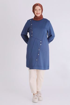 Büyük Beden Tesettür İşlemeli Tunik 2058 İndigo
