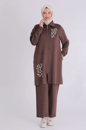 Büyük Beden Tesettür Pantolonlu Takım 3549 Kahve