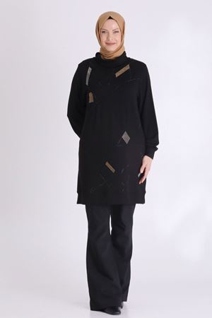 Büyük Beden Tesettür Taşlı Tunik 20129 Siyah