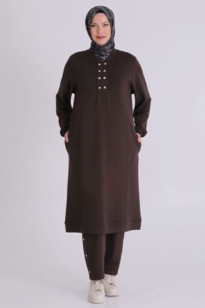 Büyük Beden Tesettür Pantolonlu Takım 3554 Kahve